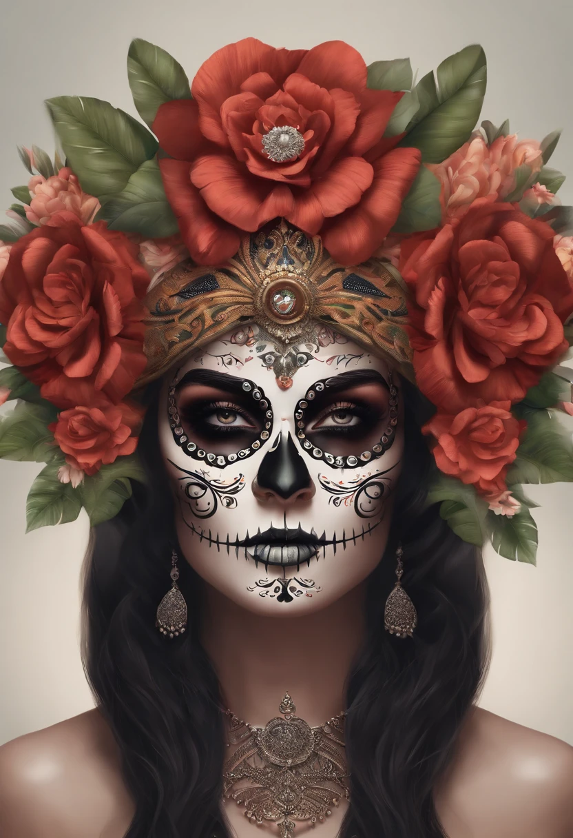 a close up of a woman with a flower crown on her head, arte vetorial por Dave Arredondo, Vencedor do concurso CGSetline, gothic art, Dia de Finados:. 8 mil, Dia de Finados:, portrait of a sugar skull, Dia de Finados:, Dia dos Mortos Maquiagem, (Dia de Finados:)