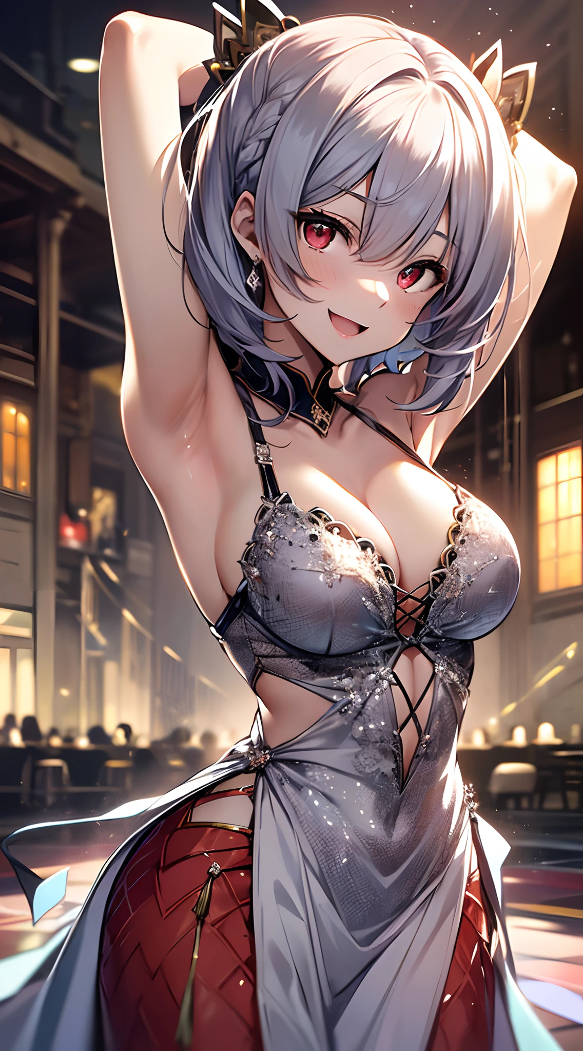 top-quality、Top image quality、in 8K,4K,masterpiece、(NSFW:1.1)、ultra-detailliert、Beautiful、ultra-quality、adult-like、Cool、girl with(((18year old、Evening dresses that emphasize cleavage:1.4、Bust 78、silber hair、a short bob、Red Eyes、erotick:1.4、an ecstatic look on one's face)))、Raise your arms to show your armpits、hiquality、visualart、Background with((Dance hall:1.3))、masutepiece