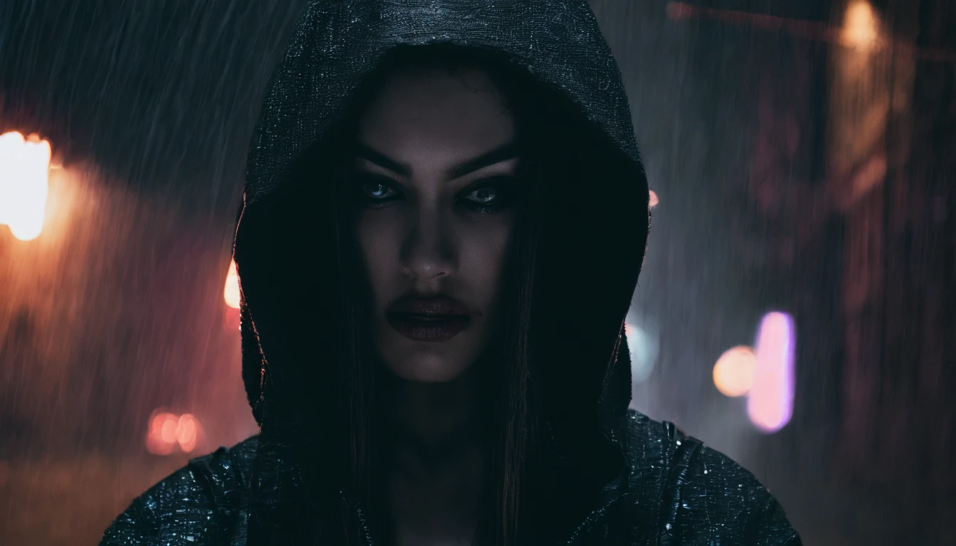 Portrait of a beautiful girl with a hoodie in a city alley at night, rainy night, beautiful, foggy night lights, dramatic lights, neon lights, hardwave aesthetic, cold lights, dark cyberpunk aesthetic, extremely beautiful woman.