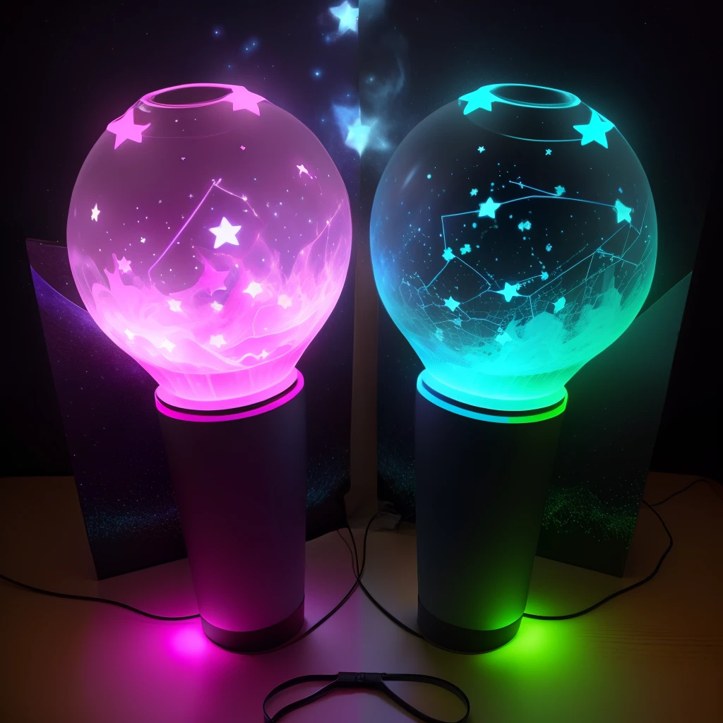 pink and blue kpop lightstick with black base with glowing stars and constellations inside