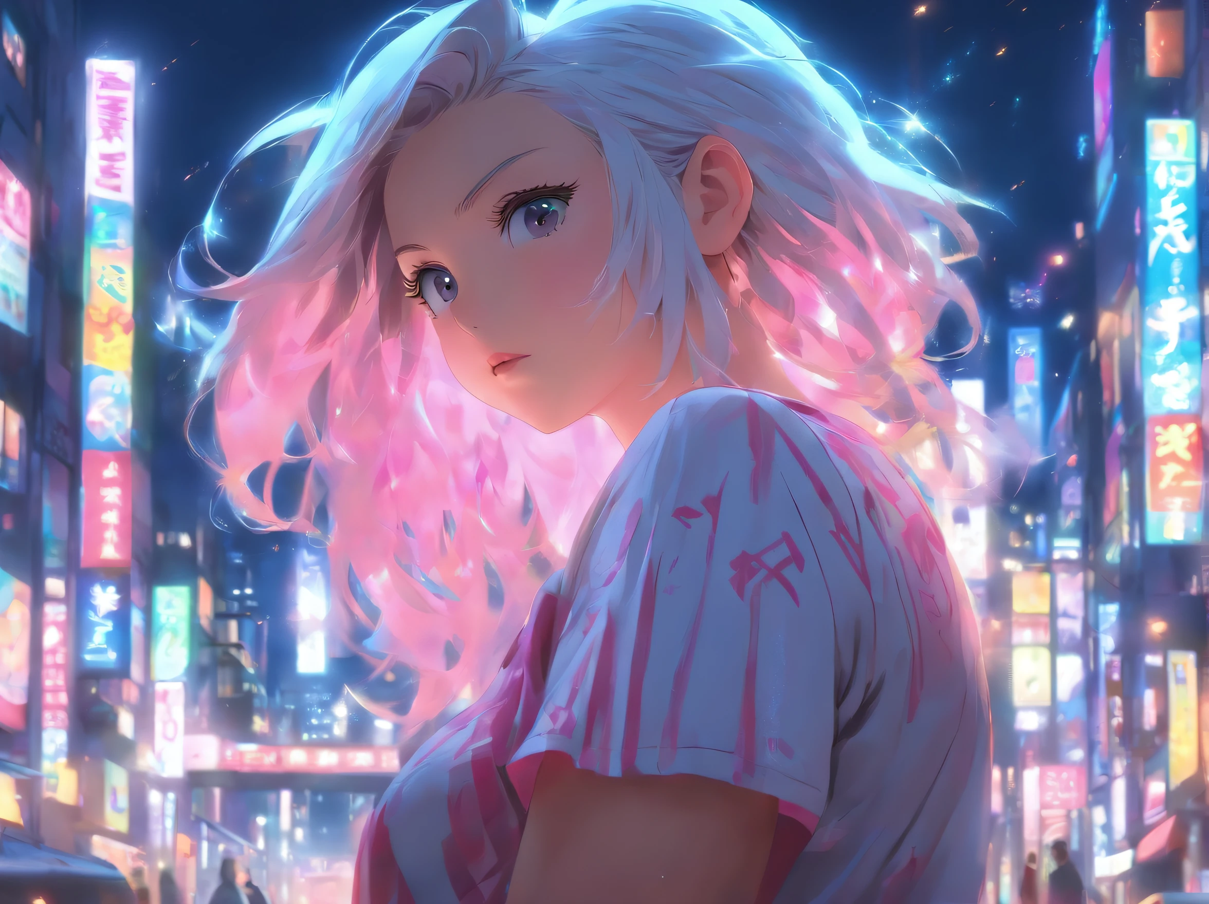 a miniskirt,White hair,Inner color pink,teens girl,On the street at night,Best Quality,A detailed face,CLEAN IMAGE