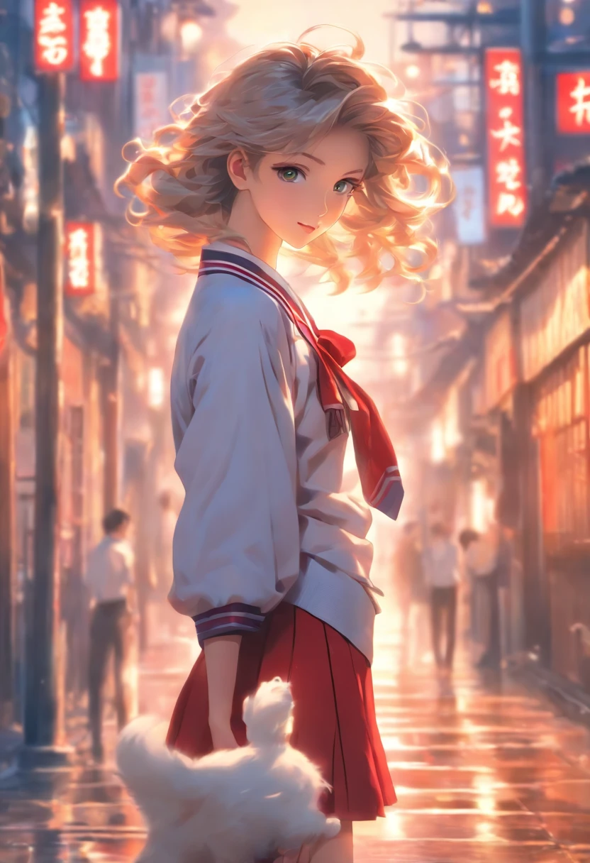 professional photo, hdr, dsrl, 4k, 1girl, beautiful korean girl, beauty face, age 17, slender body, long leg, pale skin, beauty body, long curvy hair, beauty eyes, walking with a cute white puppy, walking on Kyoto, no body on background, beauty face, beauty noose, beauty lips, beauty eyes, wearing a japanese high school uniform, no coat, no jacket, no vest