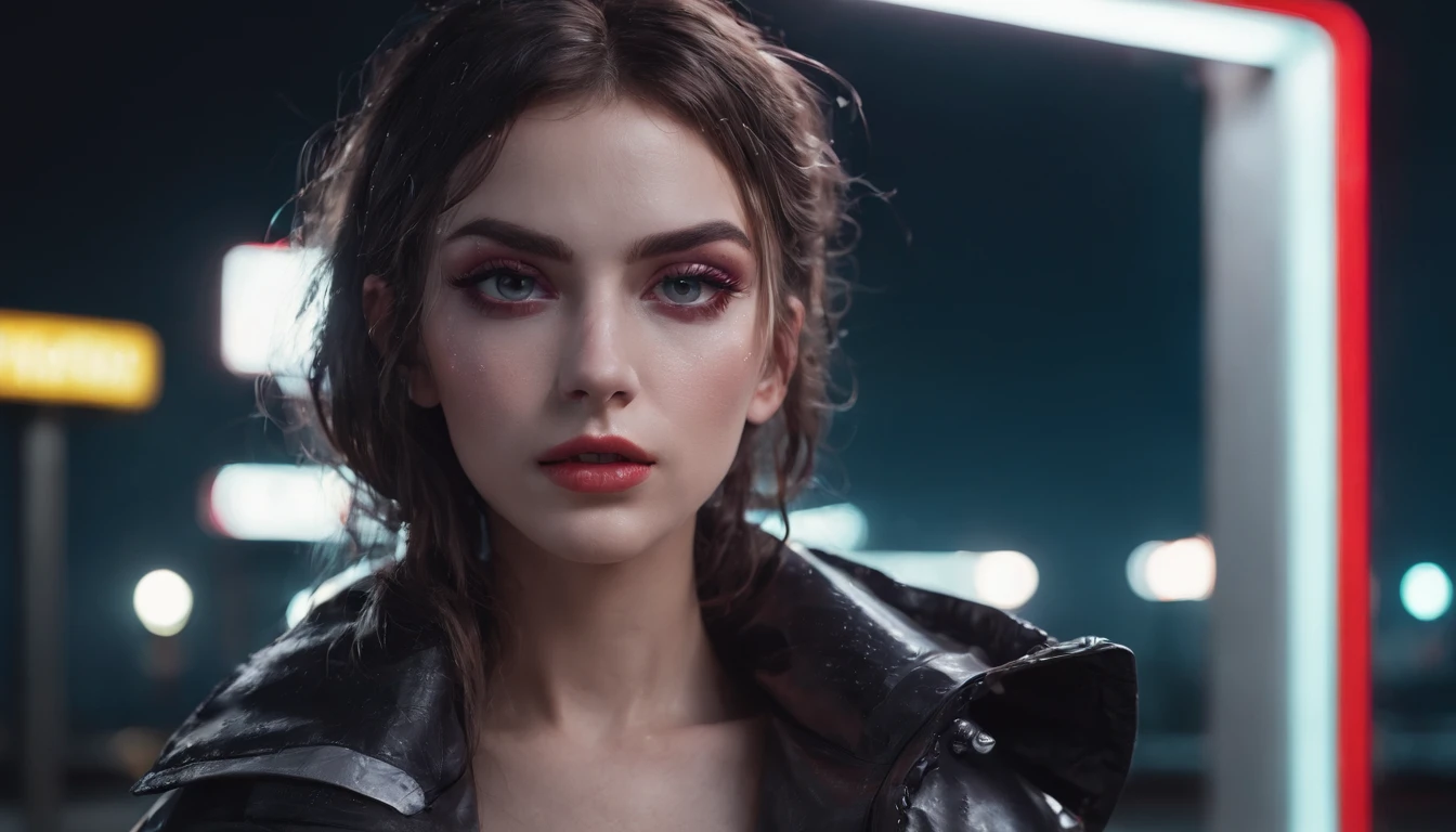 Portrait of a beautiful girl in gas station at night, rainy night, beautiful eyes, foggy night lights, dramatic lights, neon lights, hardwave aesthetic, cold lights, dark cyberpunk aesthetic, extremely beautiful woman.