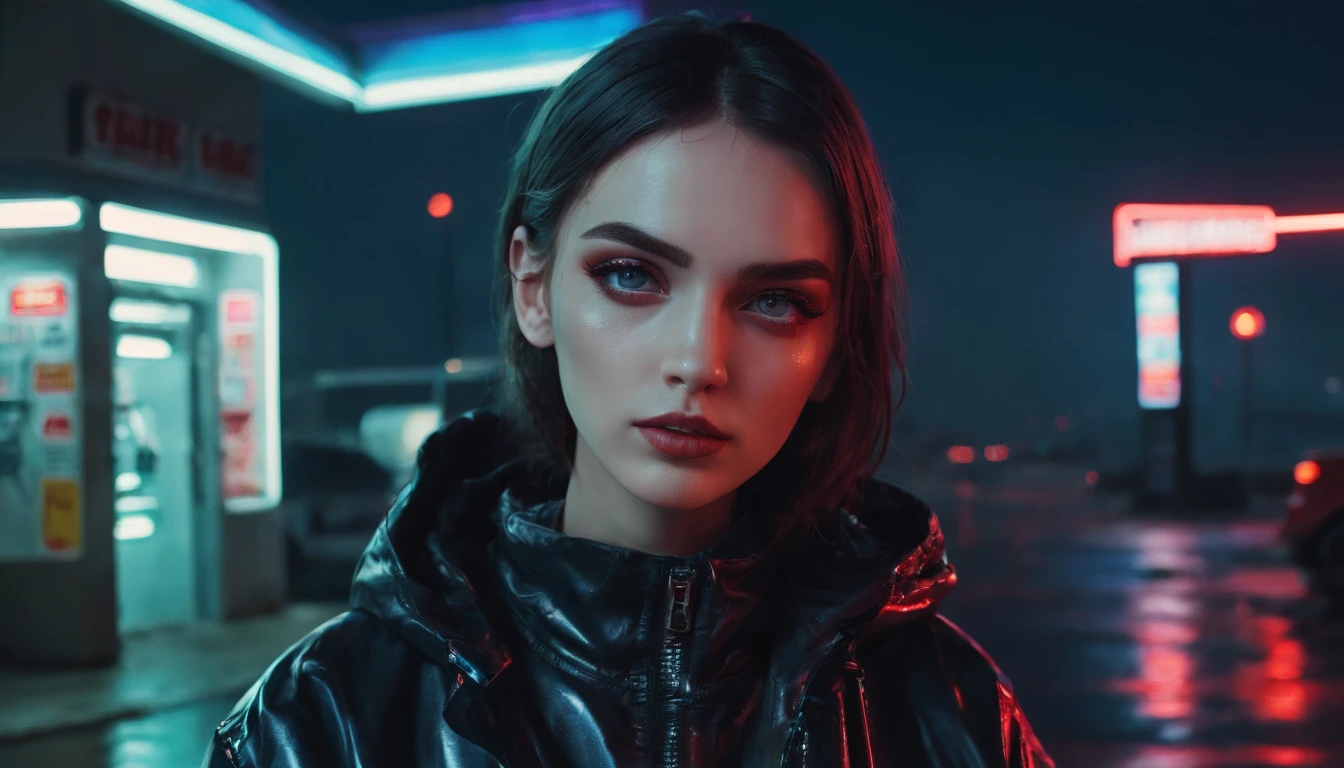 Portrait of a beautiful girl in gas station at night, rainy night, beautiful eyes, foggy night lights, dramatic lights, neon lights, hardwave aesthetic, cold lights, dark cyberpunk aesthetic, extremely beautiful woman.