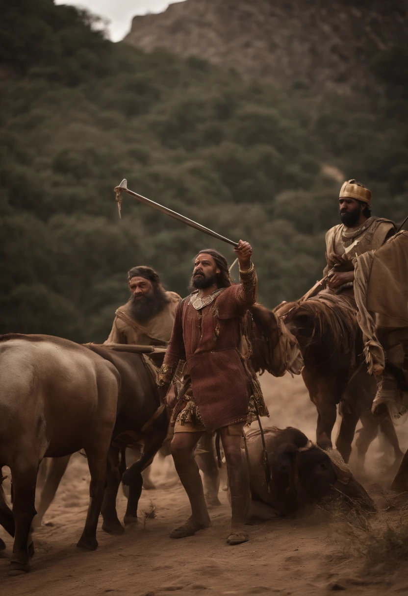 Create a depiction of the famous biblical scene where King Nebuchadnezzar, fica furioso e ordena seus soldados, Armed with spears, to launch Shadrach, Mesaque, e Abednego, Who are tied up and desperate, no forno em chamas. O forno deve estar em chamas, emitindo chamas intensas. Ensure the scene captures the drama and tension of the moment. Use contraste, cores quentes para acentuar o calor e a intensidade da cena
