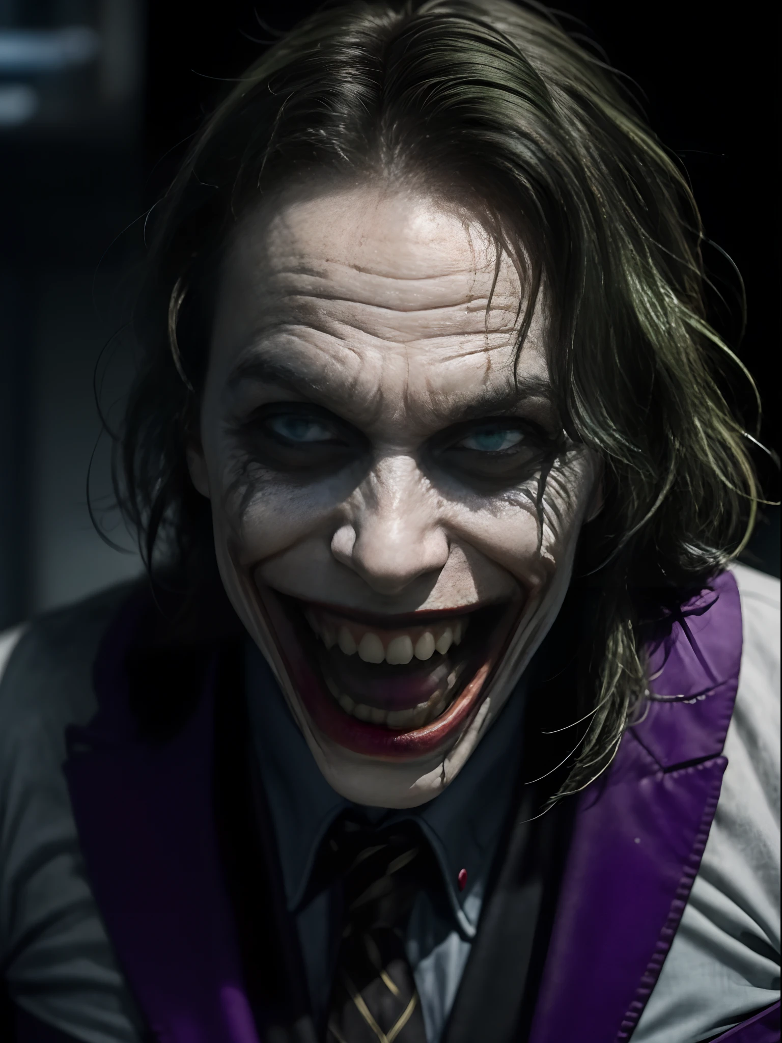 (best quality,ultra-detailed,realistic:1.37),dark and twisted,green-haired Joker's malevolent grin,horrifyingly detailed face,maniacal expression,perverse smile,evil laughter,mischievous eyes,sinister charm,distorted laughter,insanity lurking beneath the façade,jarring presence,disturbing essence,villainous character,psychopathic portrayal,chaotic aura,piercing gaze,macabre personality,sinister intentions,wild and unkempt hair,menacing aura,twisted sense of humor,pale white skin,distorted and exaggerated features,twisted soul,horrifyingly delightful,crazed maniac,unsettling presence,insidious energy,green-dyed hair,the embodiment of chaos,demented clown,lunatic genius,deranged mastermind,disturbed and twisted mind,devious schemes,dark secrets concealed behind his wicked smile,unsettlingly captivating,playful malice,green locks that mirror his twisted soul