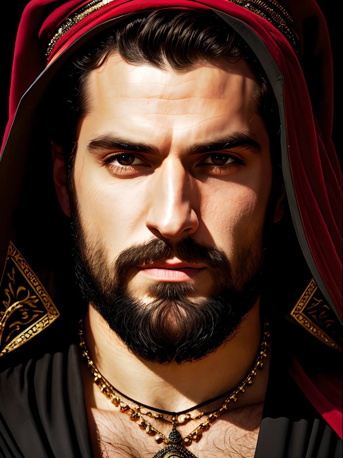 A close up of a insanely handsome attractive man with a thin beard and a black robe, a portrait by Roman Bezpalkiv, zbrush central contest winner, renaissance, heavenly handsome prince of persia, Henry Cavill as assyrian, handsome male, his head and neck covered in jewels, as a medieval fantasy character, arabian samurai, handsome man, portrait of bedouin d&d