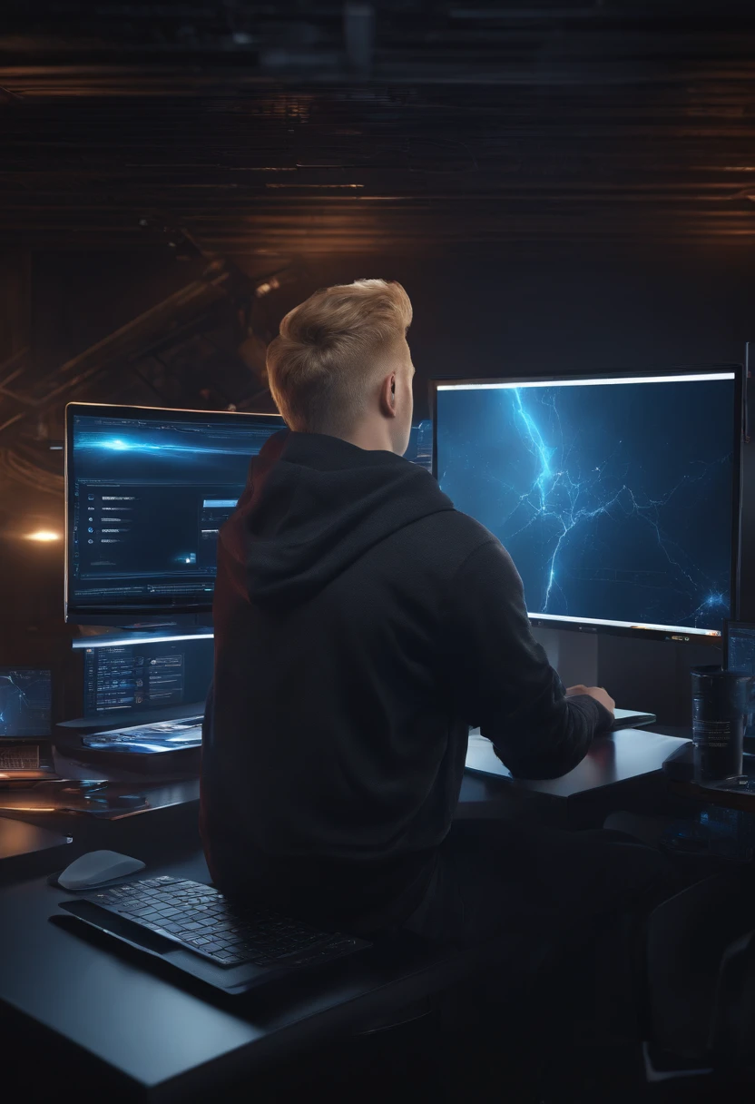 4k, detailed CG, 4k wallpaper, hacker, black hoodie, blue eyed blonde male, laptop, screens, dark room