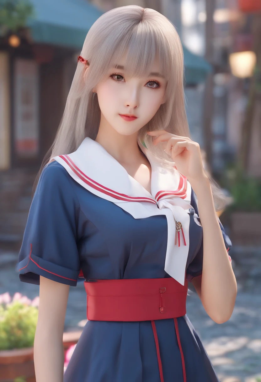 professional photo, hdr, dsrl, 4k, 1girl, beautiful korean girl, beauty face, age 17, slender body, long leg, pale skin, beauty body, long curvy hair, beauty eyes, walking with a cute white puppy, walking on Kyoto, no body on background, beauty face, beauty noose, beauty lips, beauty eyes, wearing a japanese high school uniform, no coat, no jacket, no vest