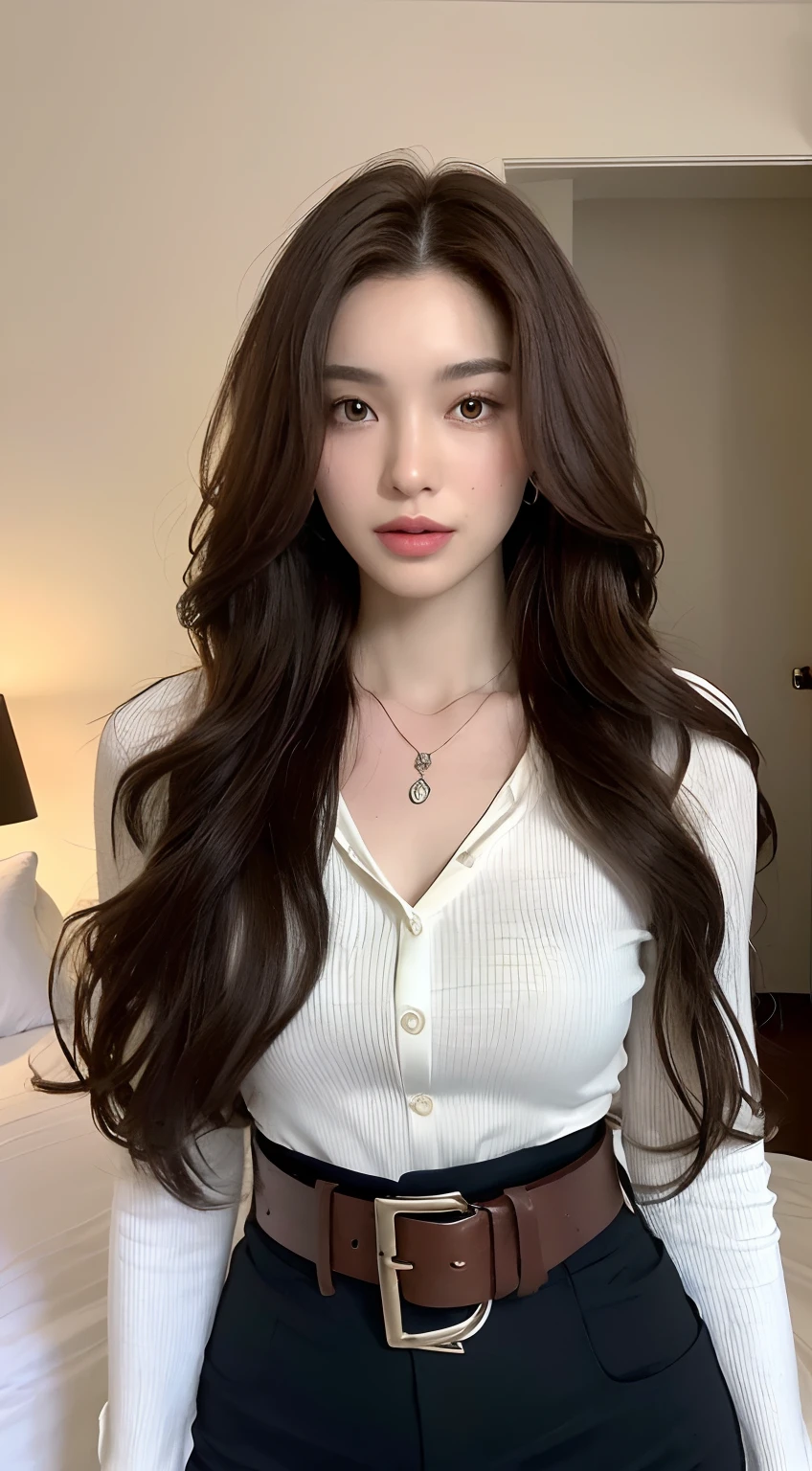 (Best quality, high resolution, masterpiece: 1.3), a tall and beautiful woman, slender abs, ((Dark Brown Hair In Loose Wavy Styling)) ((Long Brown Hair)) breasts, wearing a pendant, white buttoned shirt, belt, black Res Veigna, (background is an interior modern bed), face and skin texture in beautifully presented details, detailed eyes, double eyelids