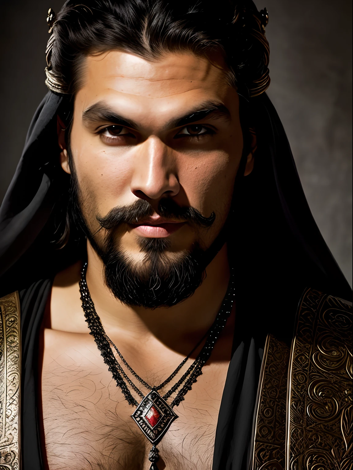 A close up of a insanely handsome attractive man with a thin beard and a black robe, a portrait by Roman Bezpalkiv, zbrush central contest winner, renaissance, heavenly handsome prince of persia, jason momoa as assyrian, handsome male, his head and neck covered in jewels, as a medieval fantasy character, arabian samurai, handsome man, portrait of bedouin d&d