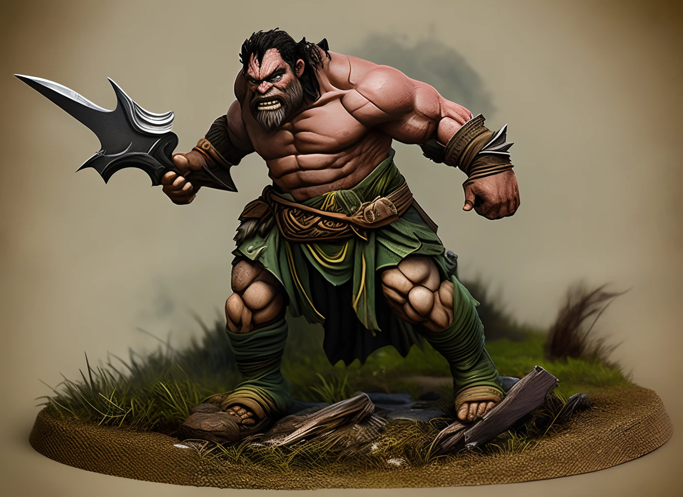 Half-Orc Barbarian stands at an imposing height, with powerful muscles and tough, tanned Caucasian skin. His fiery red hair, wild and untamed, flows down to his broad shoulders, and a matching fiery beard frames his rugged face. He bears the marks of countless battles, with scars and war paint in tribal patterns decorating his skin.In the murky depths of a swamp, your character strides confidently, the muck clinging to his well-defined legs and bare chest. He wears a simple loin cloth, made of coarse, earth-toned fabric, which barely covers his lower body. Around his waist, a leather belt holds pouches and trinkets scavenged from past adventures.In his massive, calloused hands, he grips a formidable great axe, its blade weathered and stained from countless encounters with foes. With each step, the swamp water splashes around him, but he remains unyielding, ready for whatever dangers may lurk in the misty, treacherous terrain.