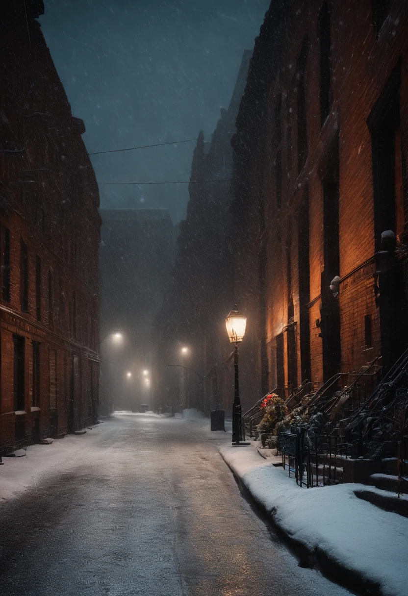 Dark city, snowing heavy