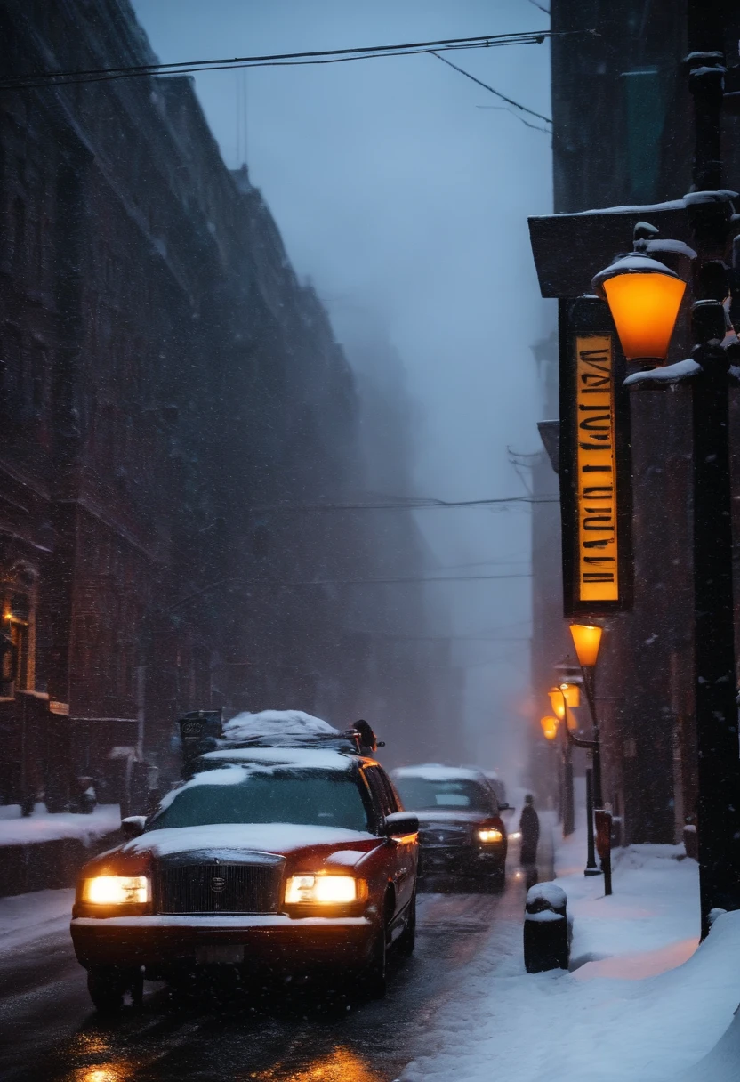 Dark city, snowing heavy