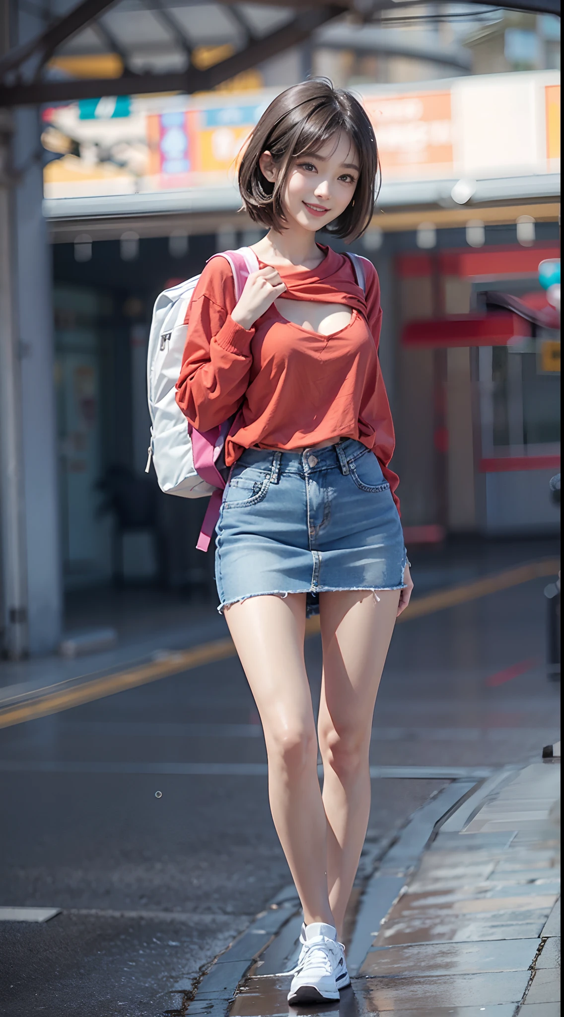 tshirts, Denim Mini Skirt, a miniskirt, backpack, Smiling smile, (NSFW), 1womanl, 独奏, 24 year old, 7headed body, (Ideal ratio body proportions), (Composition from head to thigh), erectile nipple, Sexy body, Wet, short-hair, A dark-haired, small tits, A slender, Small buttocks, beauty legs, Skinny Legs, surrealism, Cinematic lighting, depth of fields, One-person viewpoint, F/1.8, 135 mm, nffsw, masutepiece, ccurate, ((Anatomically correct)), Textured skin, Super Detail, high details, High quality, awardwinning, Best Quality, hight resolution, 8K