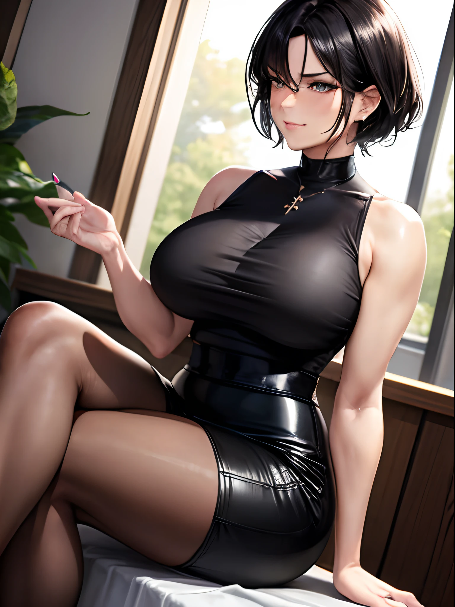 Masterpiece, ground Level Shot, looking down, straight back, cross-legged, black 6 inch high heels, single female, milf 45 years old with very big breasts, short black hair, sexy clothes, short black pencil skirt, black tight sleeveless top, disappointed look in eyes!, green eye color, disappointed smile!, empty hands with wedding ring