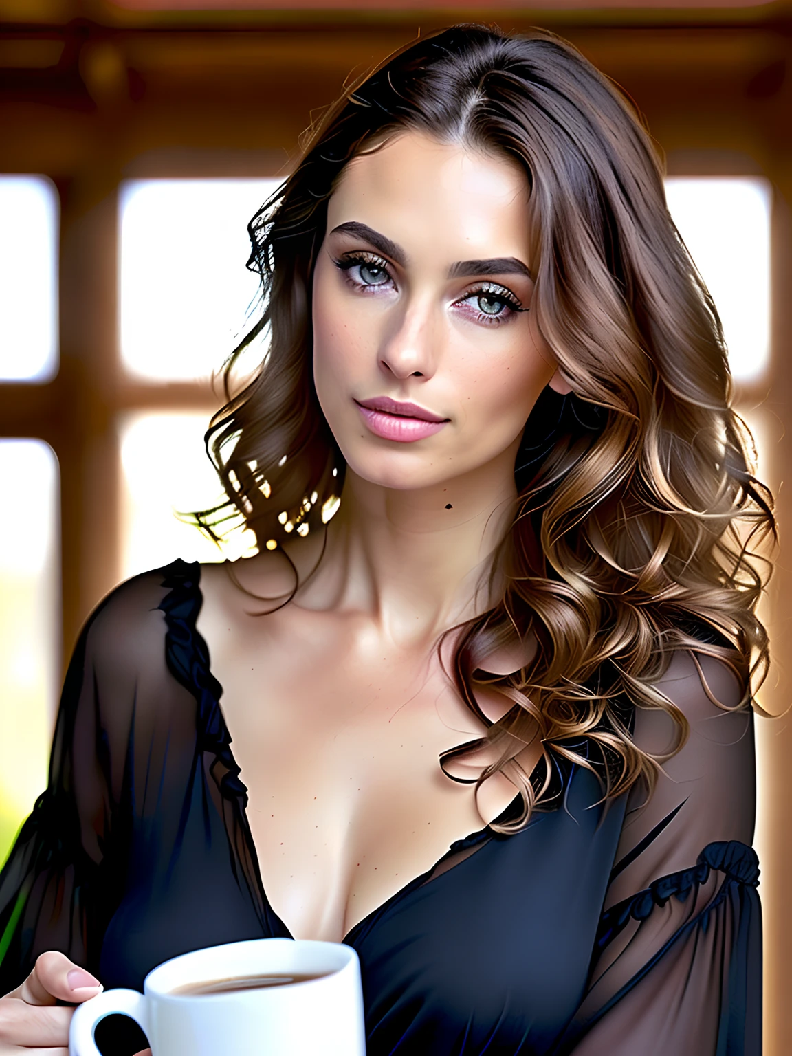 Face portrait of a woman with long dark brown curly hair with blond highlights, light brown skin and seductive eyes detailed, porter une blouse sociale, Drinking Coffee with a Blurred Background, best quality masterpiece, photoreallistic, Detailed, 8k, Hdr, faible profondeur de champ, broad light, high contrast, contre-jour, fleurir, Lueurs lumineuses, aberration chromatique, mise au point nette, Photo couleur RAW