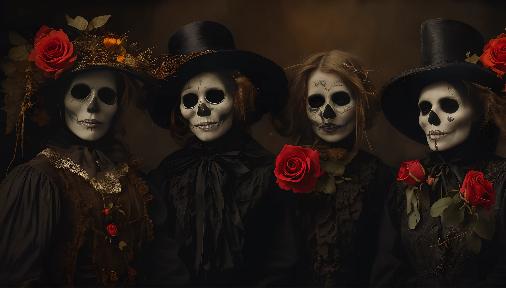 Tres esqueletos vestidos con sombreros negros y vestidos negros con rosas rojas, Victorian Day of the Dead, oscuro, por Alison Geissler, Arte macabro, dia de muertos, el dia los muertos!, dia de los muertos, el dia los muertos, celebrating day of the dead, All Dead Day, Toma de retrato, Todos los esqueletos estilo wall art paint dark gothic vintage