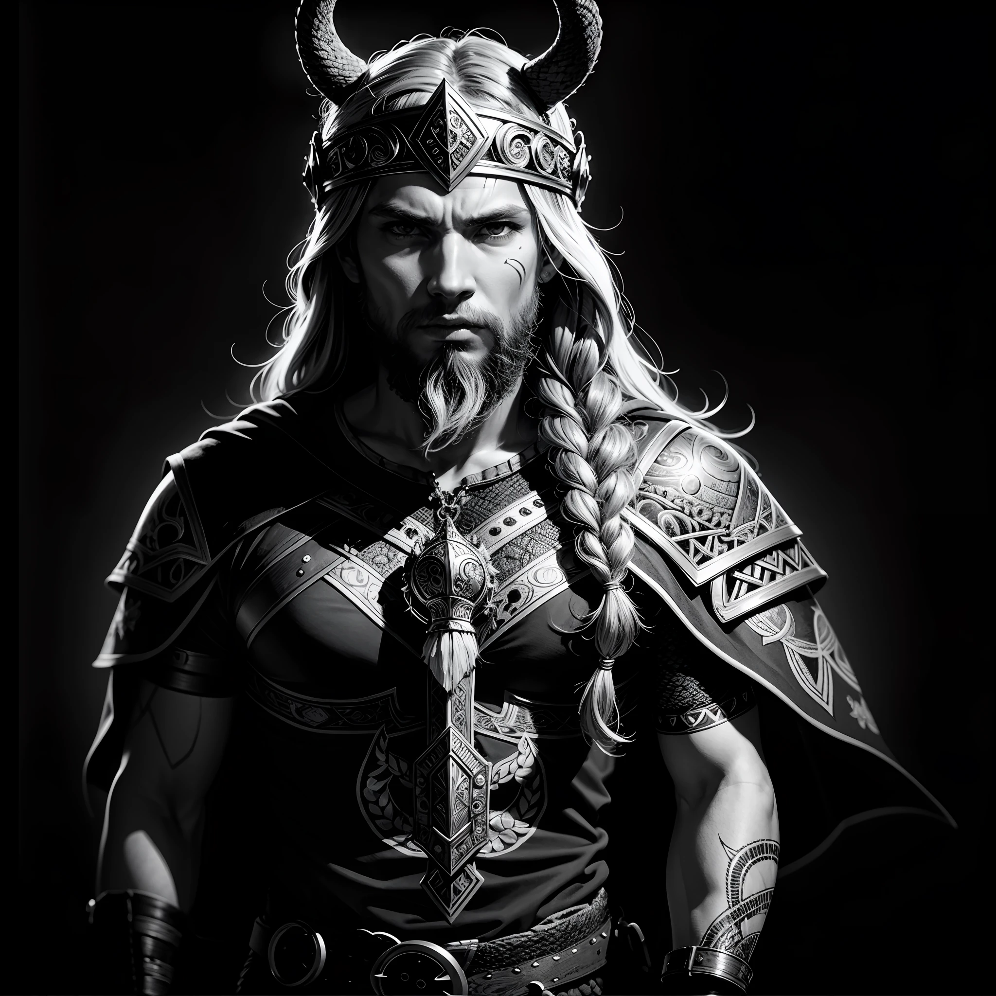 viking, 2D, dark atmosphere, greyscale, detailed linework, cinematic, black paper with vibrant line work, ornate, symmetrical, highly detailed, ink illustration