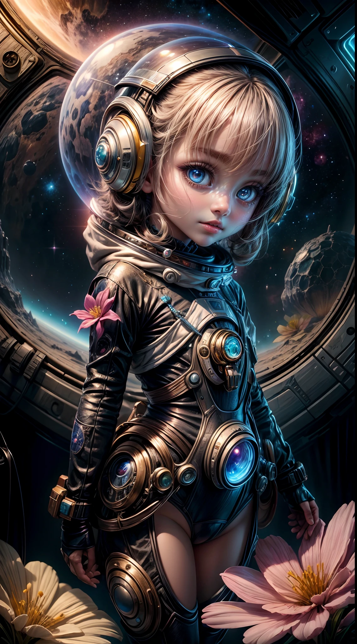 "A detailed painting of a little alien girl dressed as a space ranger, exploring an extraterrestrial landscape adorned with vibrant, otherworldly flowers. Science fiction wonderland, imaginative, space adventure."