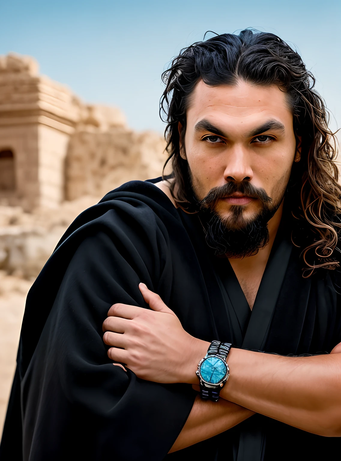 a close up of a man with a beard and a black robe, a portrait by Roman Bezpalkiv, zbrush central contest winner, renaissance, handsome prince of persia, jason momoa as assyrian, handsome male, his head covered in jewels, as a medieval fantasy character, arabian samurai, handsome man, portrait of bedouin d&d