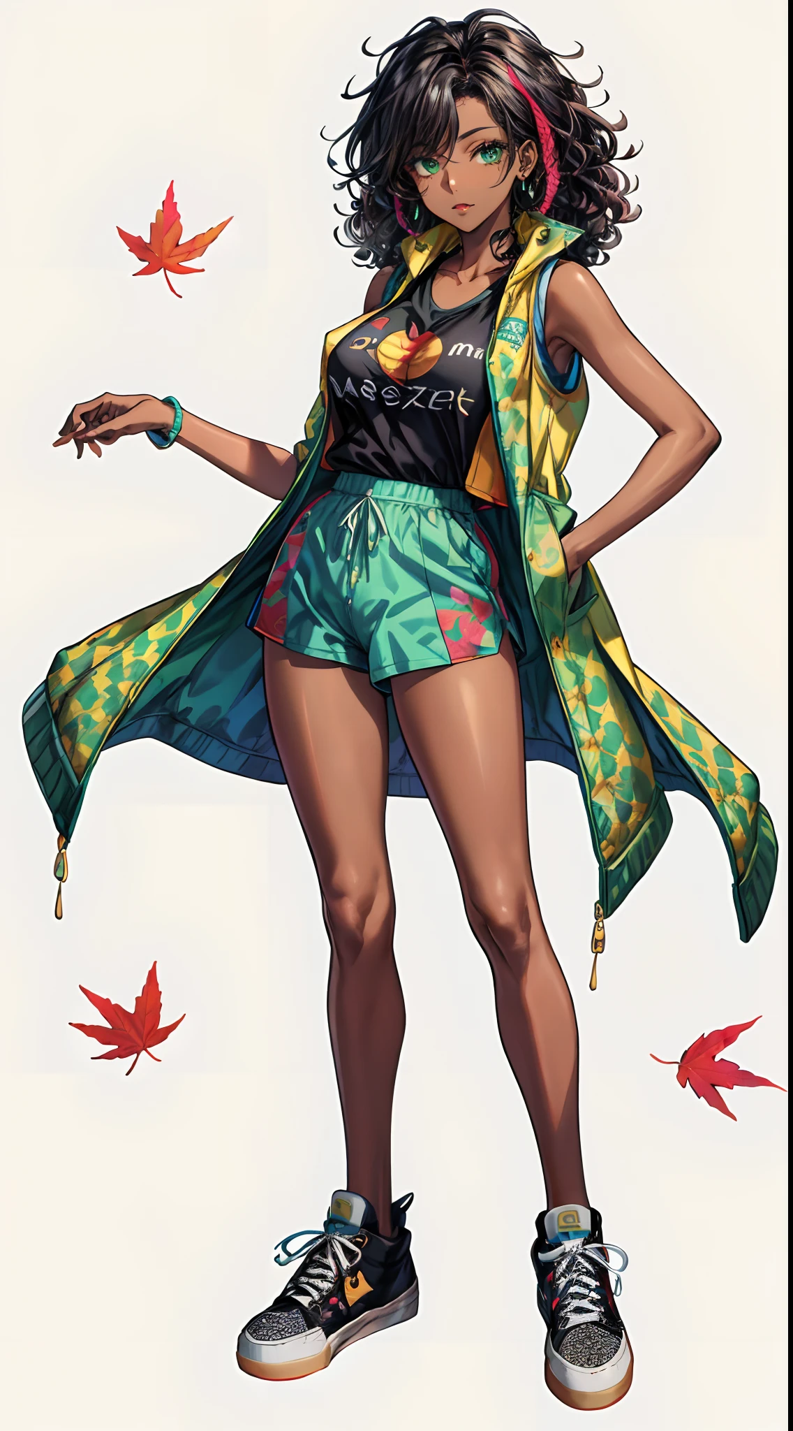 ((Masterpiece, hiquality, absurdress), 1Woman, black hair, curly hair, Afro-curly hair, Green eyes, a perfect face, the perfect body, big breastes, short stature, (((very dark skin))), 独奏, Detailed eyes and face, makeup, red-lips, (((briefs))), (((T-shirt with patterned sleeveless jacket))), (((sneakers))), autumn, Colorful leaves