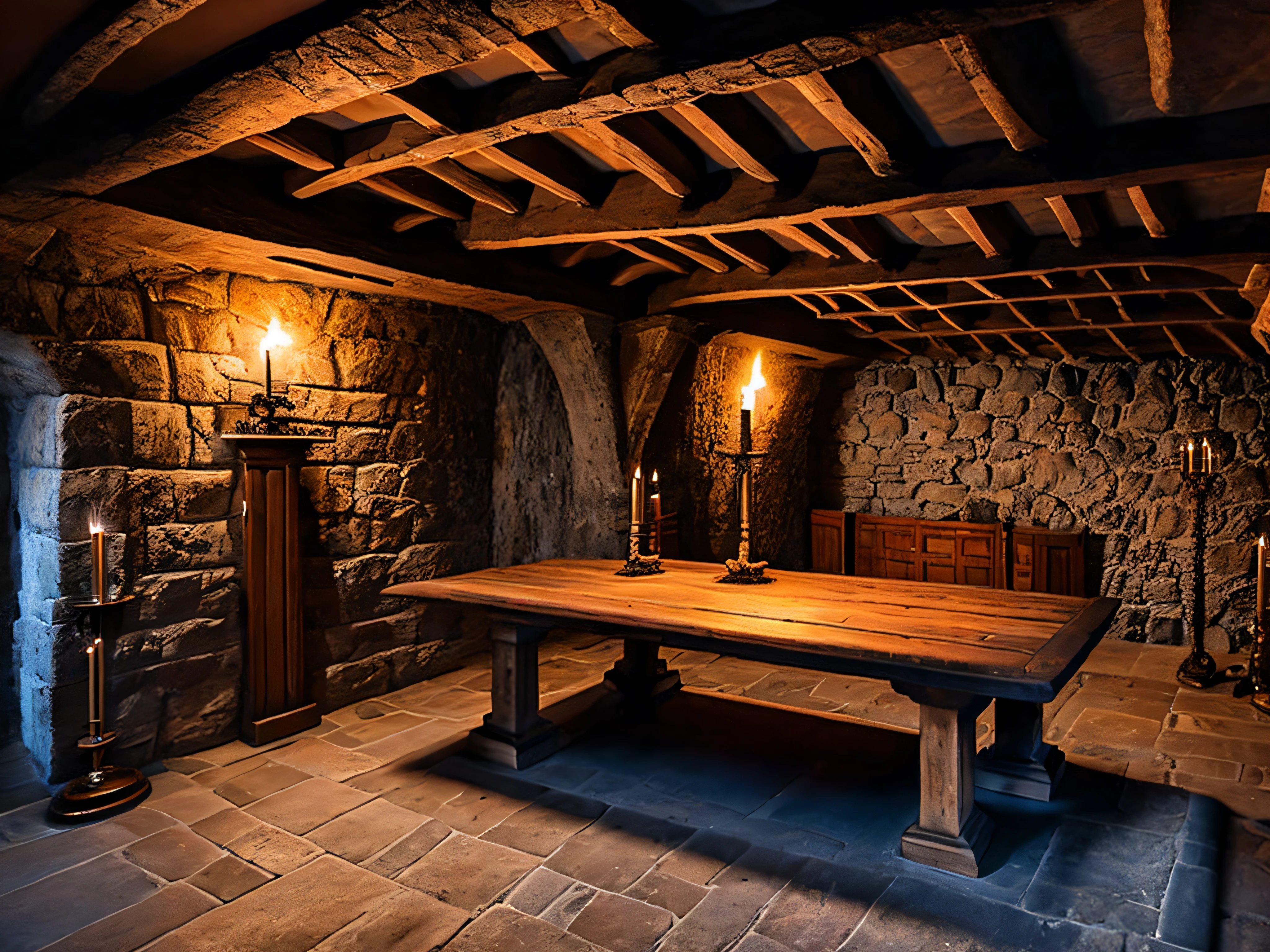 Hyper realistic, best quality, ultra detailed, BDSM, torture cellar, stone Walls, chains on the wall and the ceiling, big wooden table on the left side, basement vault in a castle, candlesticks on the wall, no candlestick on the table