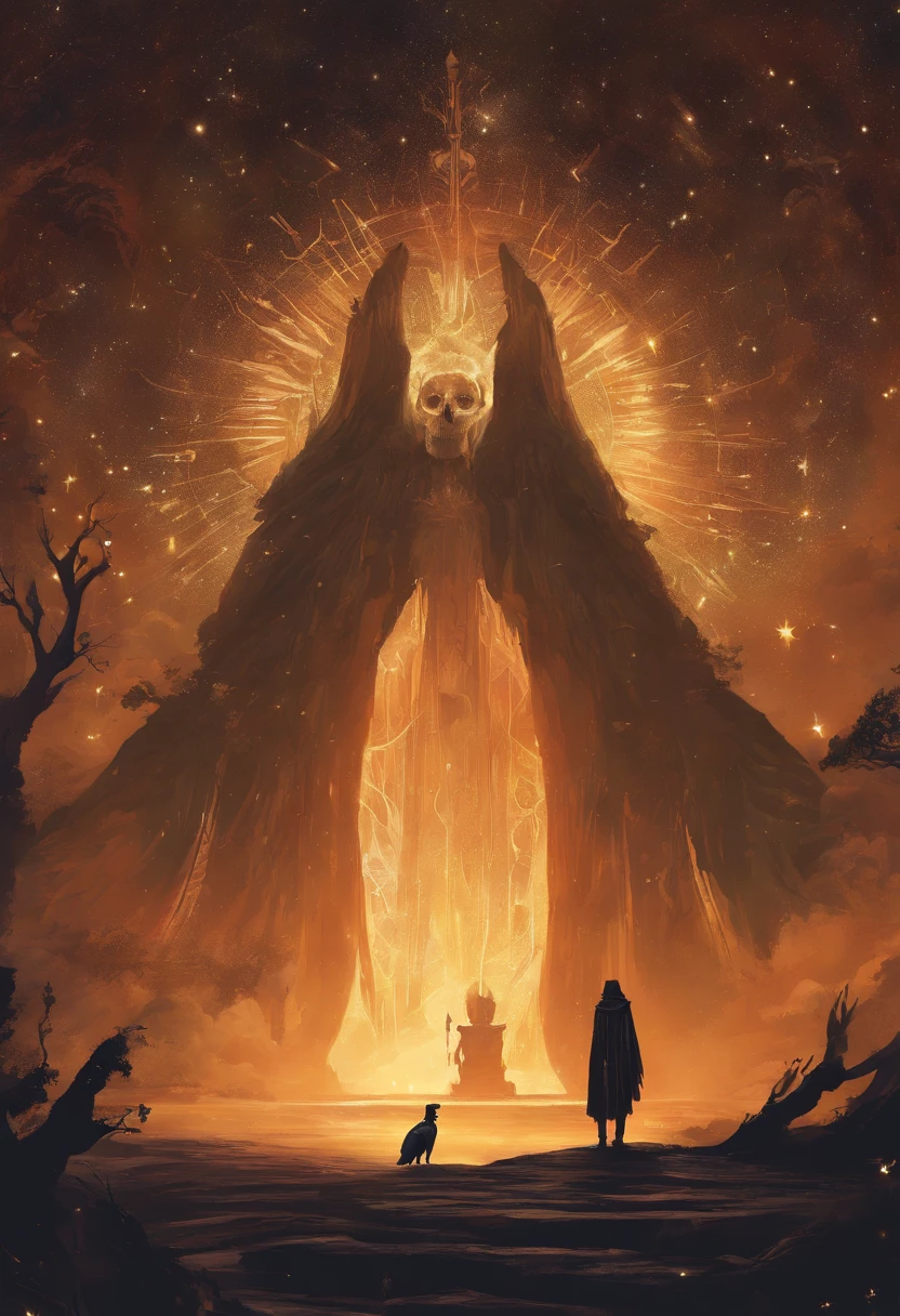 Neil gaiman art. 32k high resolution best quality unreal engine 5. #The Sandman is standing with Death#Death from the Sandman comic. They are looking into a cosmos of stars. The abyss of space and dreams and hidden nightmares. The Sandman is wearing the skull of a raven as a helmet