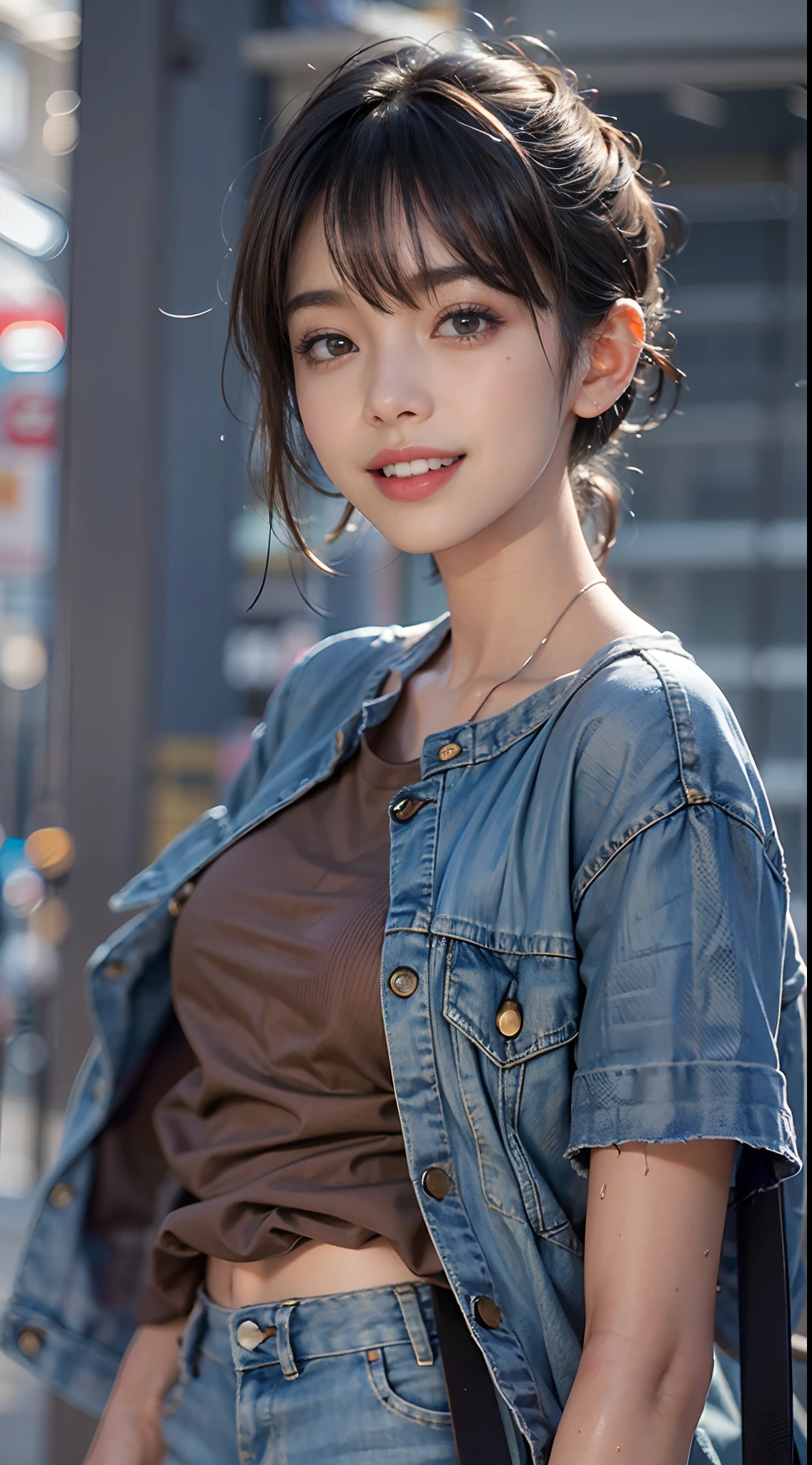 facing back, Super close-up of buttocks, tshirts, Denim Mini Skirt, backpack, Smiling smile, (NSFW), 1womanl, 独奏, 24 year old, 7headed body, (Ideal ratio body proportions), (Composition from head to thigh), erectile nipple, Sexy body, Wet, short-hair, A dark-haired, small tits, A slender, Small buttocks, beauty legs, Skinny Legs, surrealism, Cinematic lighting, depth of fields, One-person viewpoint, F/1.8, 135 mm, nffsw, masutepiece, ccurate, ((Anatomically correct)), Textured skin, Super Detail, high details, High quality, awardwinning, Best Quality, hight resolution, 8K
