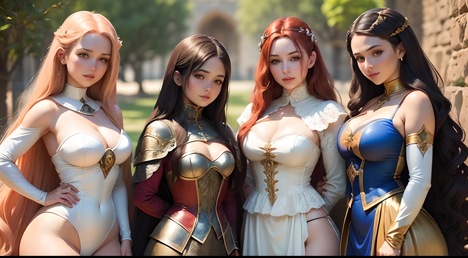 Three beautiful medieval women, ruiva, Loire, Morena. Anime realista, corpos voluptuosos, roupas medievais. posando para foto. Vestidos medievais, tecido fino. Rostos infantis. Sorriso gentil, timidez.