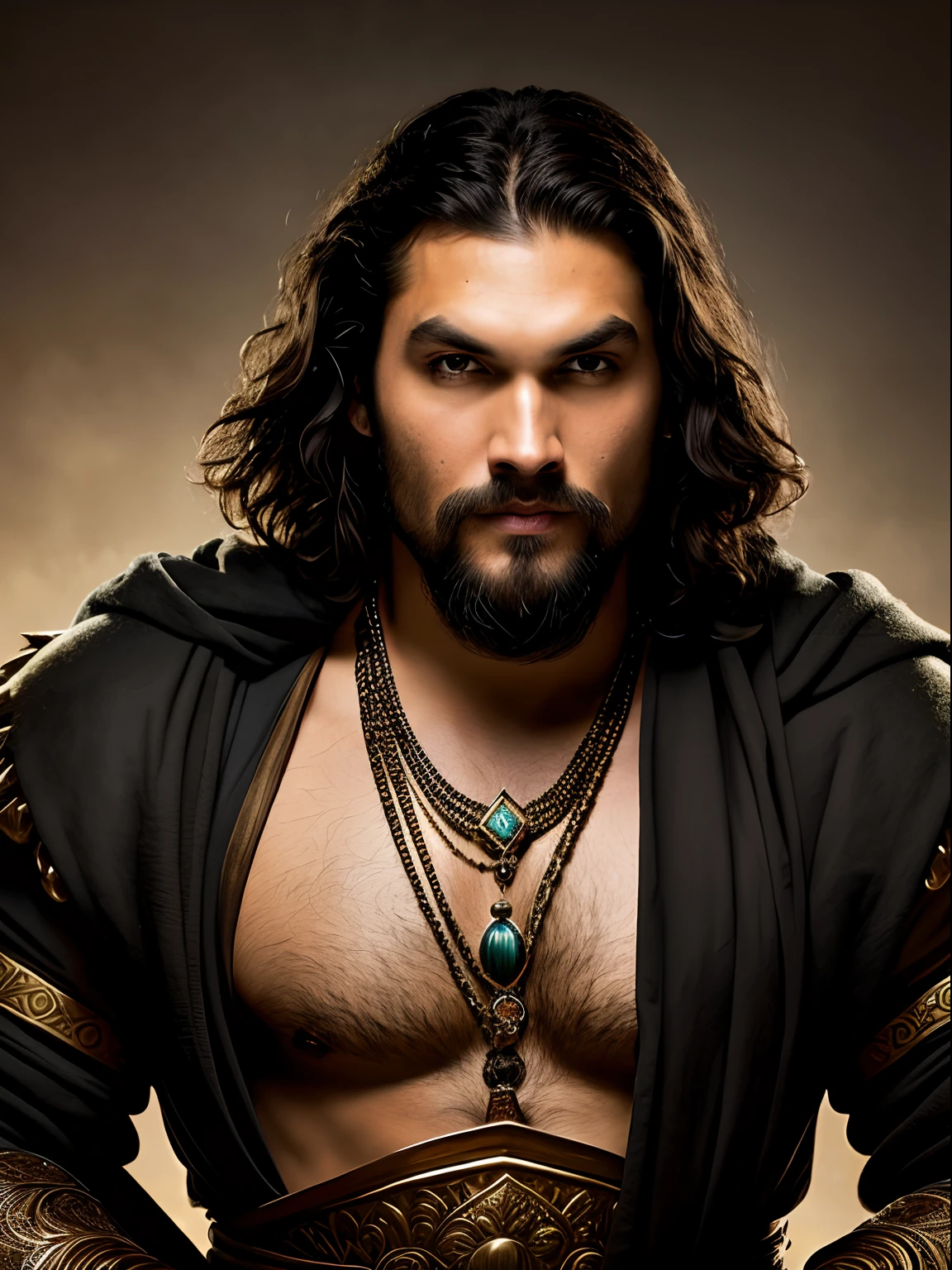 A close up of a insanely handsome attractive man with a thin beard and a black robe, a portrait by Roman Bezpalkiv, zbrush central contest winner, renaissance, heavenly handsome prince of persia, jason momoa as assyrian, handsome male, his head and neck covered in jewels, as a medieval fantasy character, arabian samurai, handsome man, portrait of bedouin d&d
