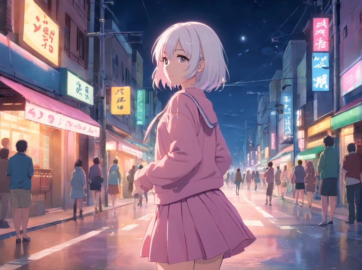 a miniskirt,White hair,Inner color pink,s girl,On the street at night,Best Quality,A detailed face,CLEAN IMAGE