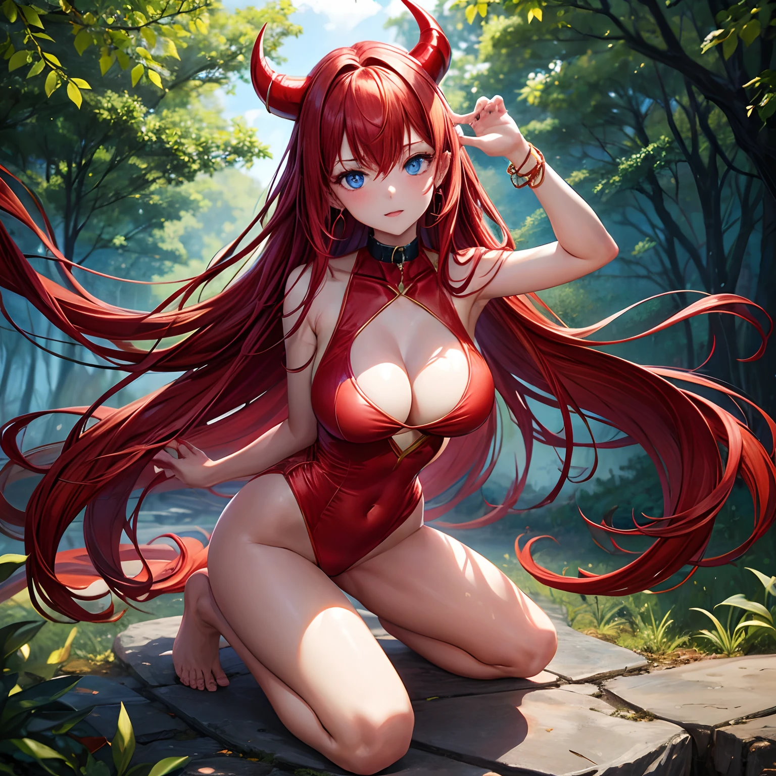 1girl, very long hair, slim waist, large breasts, red leotard, red hair, blue eyes, barefoot, nature, earrings, collar, red horns, stretching