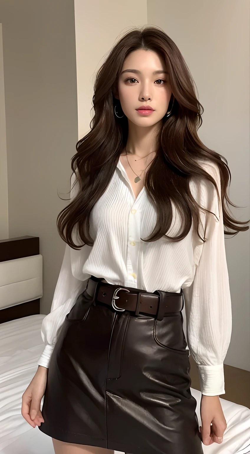 (Best quality, high resolution, masterpiece: 1.3), a tall and beautiful woman, slender abs, ((Dark Brown Hair In Loose Wavy Styling)) ((Long Brown Hair)) breasts, wearing a pendant, white buttoned shirt, belt, black Res Veigna, (background is an interior modern bed), face and skin texture in beautifully presented details, detailed eyes, double eyelids