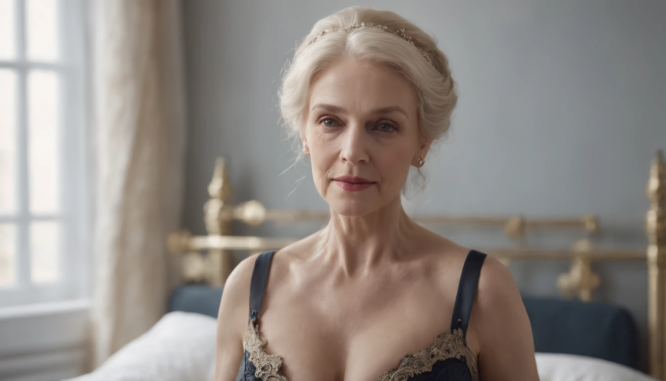Sultry elegance of an elderly woman in a very exciting corset dress. She has blonde hair, bed room, Ultra detailed illustration of woman, Realistic Bedroom View,studio photo, Highly detailed, by Greg Rutkowsky, Her body is full and all her limbs are visible, detailed character portrait, She has a very beautiful figure, like a young girl from Windows, Plants, Cinematic, detailed character portrait, ++Detailed and complex environment, strong wind, ++, hyper realistic, 4k, 4K Eye, 4K Face,