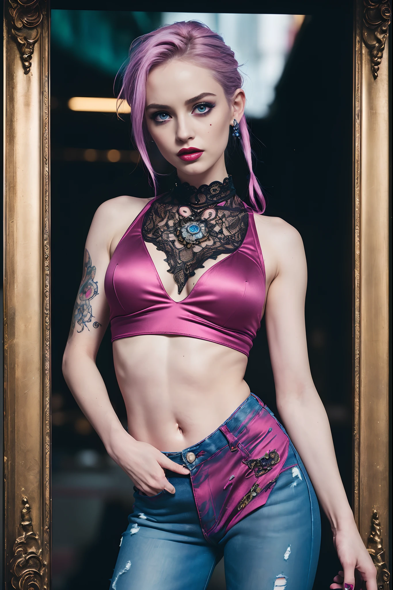 Masterpiece, Jinx from Arcane, flirty expression, tank top, tight ripped jeans, secret lair backgriund, intricately detailed background, (UHD, 8K wallpaper, High resolution), Cinematic lighting, award-winning, extremely detailed skin, extra detailed face, high detail eyes, photo-realistic, Zeiss 85 mm F/1.4, by Ellen von Unwerth