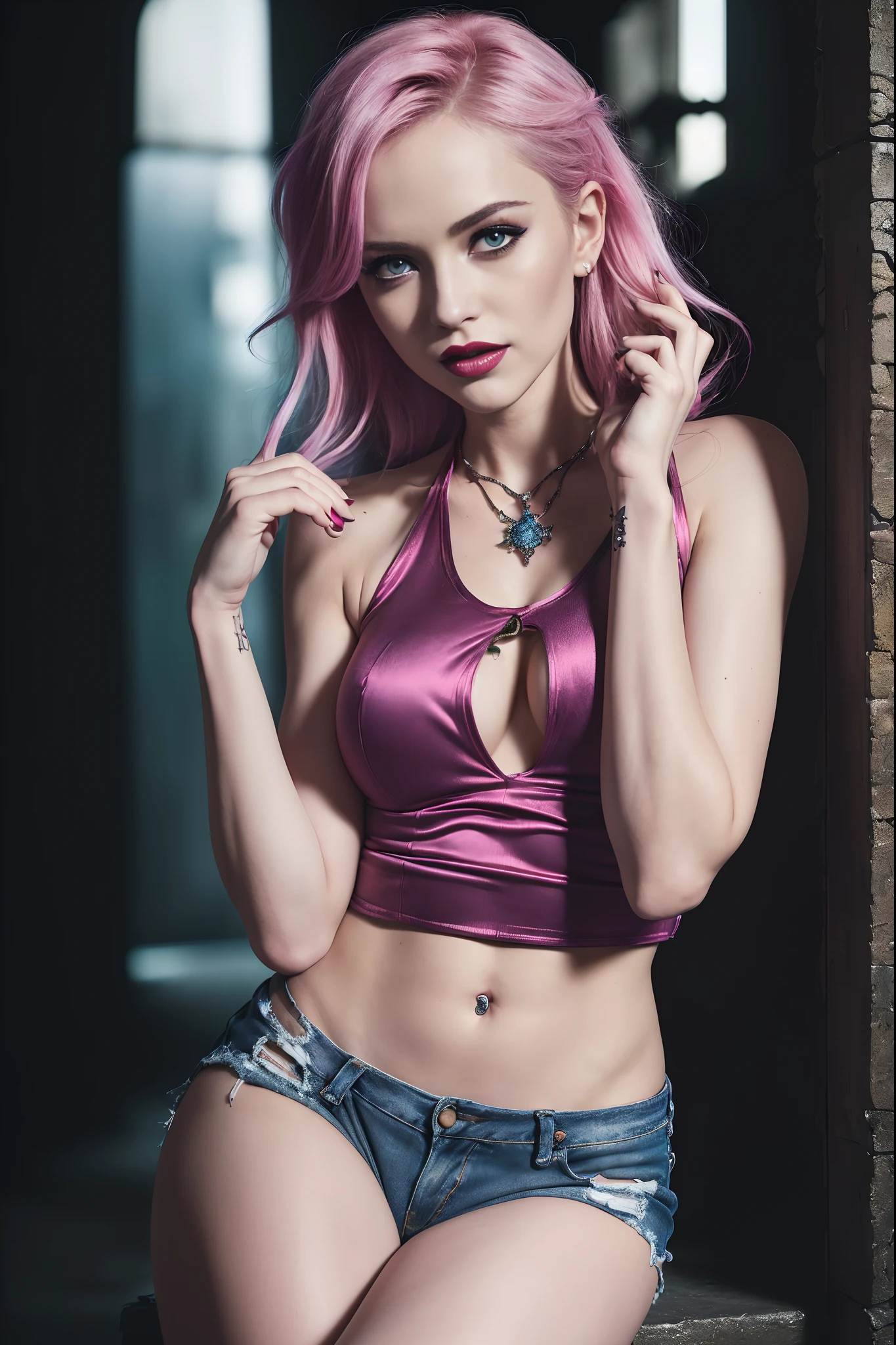 Masterpiece, Jinx from Arcane, flirty expression, tank top, tight ripped jeans, secret lair backgriund, intricately detailed background, (UHD, 8K wallpaper, High resolution), Cinematic lighting, award-winning, extremely detailed skin, extra detailed face, high detail eyes, photo-realistic, Zeiss 85 mm F/1.4, by Ellen von Unwerth