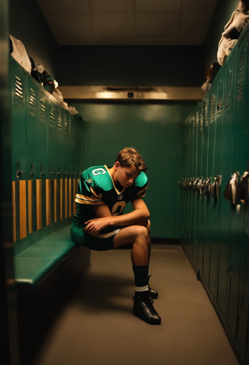 Boy in football locker room, depressed, wearing football equipment.