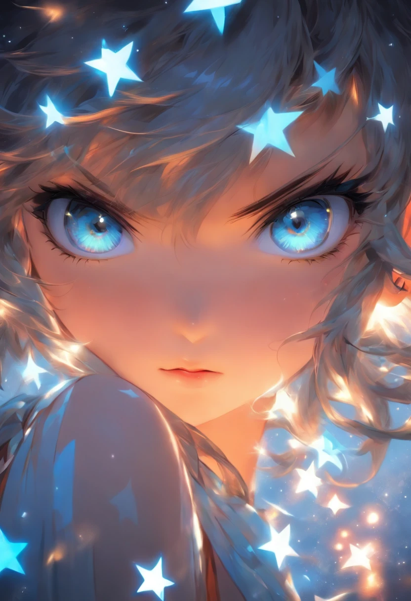 A beautiful girl, big elongated eyes, dark brown eyes, black dot on the cheek, soft lips, white skin, hair orange, wavy hair, hair bangs, black hair, white tip with light blue, neck chain with a white star, right gaze