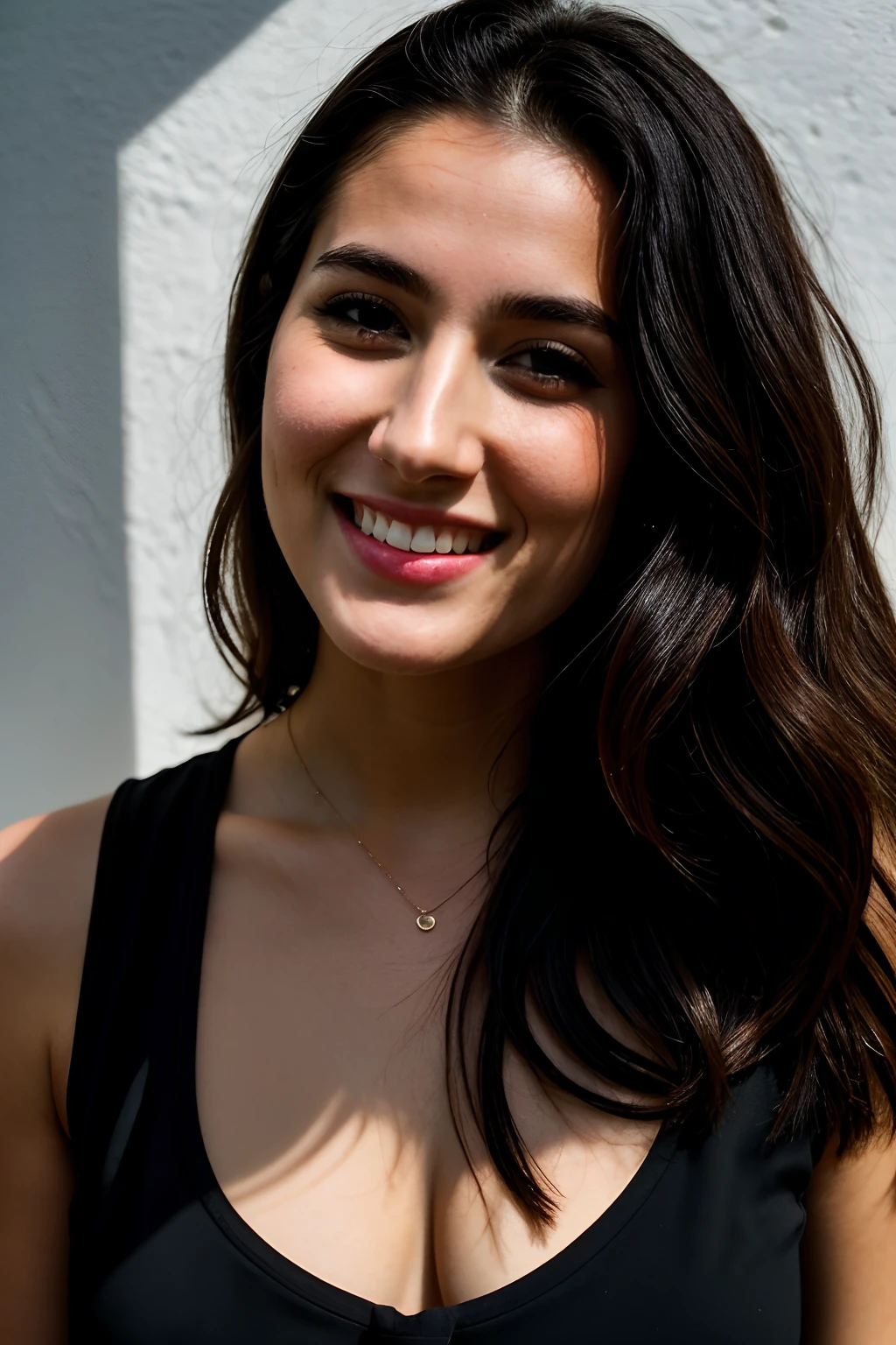 RAW photo, face portrait photo of beautiful 26 y.o woman, cute face, wearing black dress, happy face, hard shadows, cinematic shot, dramatic lighting