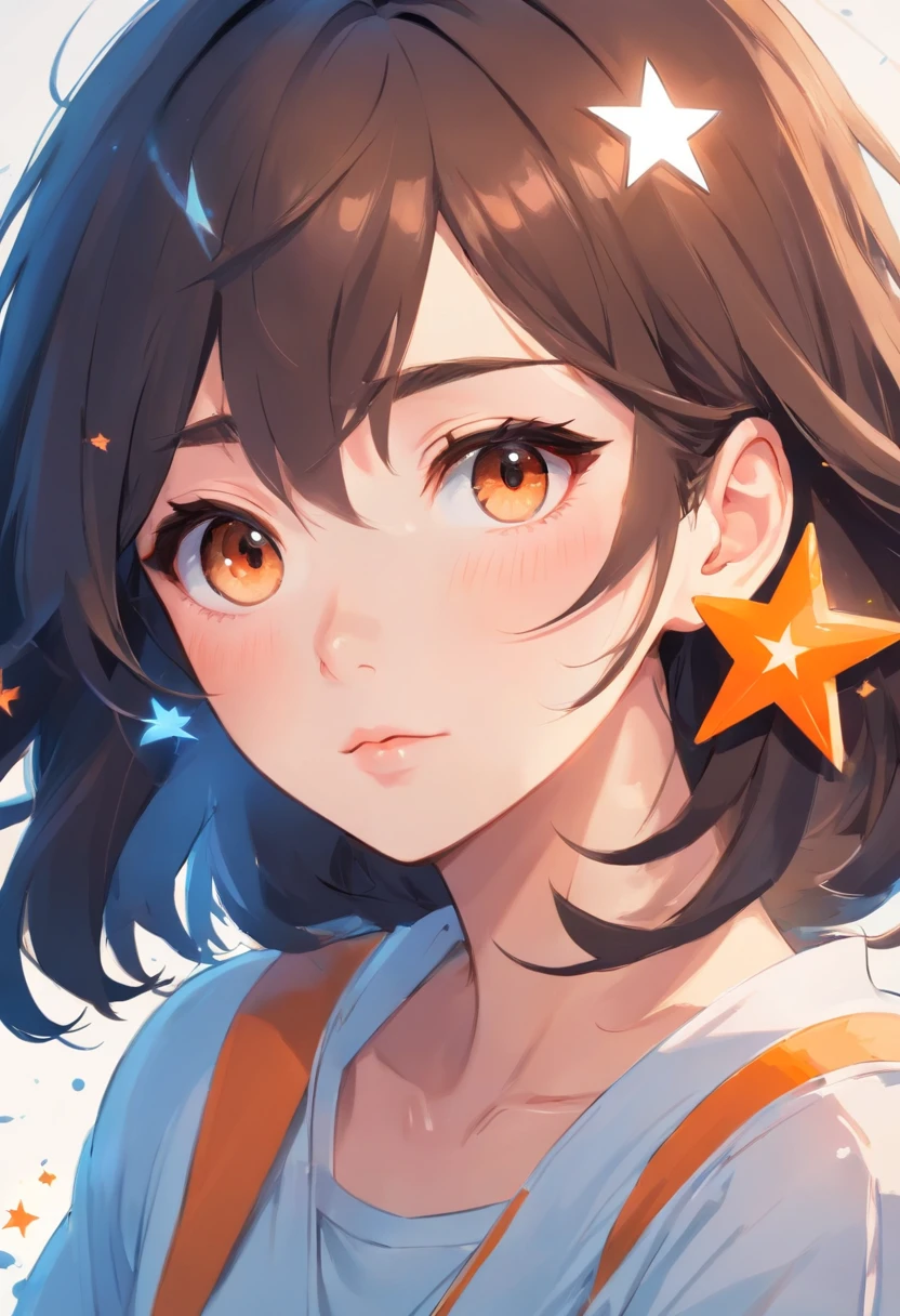 A beautiful face, big elongated eyes, dark brown eyes, black dot on the cheek, soft lips, white skin, orange, wavy hair, bangs and black hair, white tip with light blue, neck chain with a white star, right gaze
