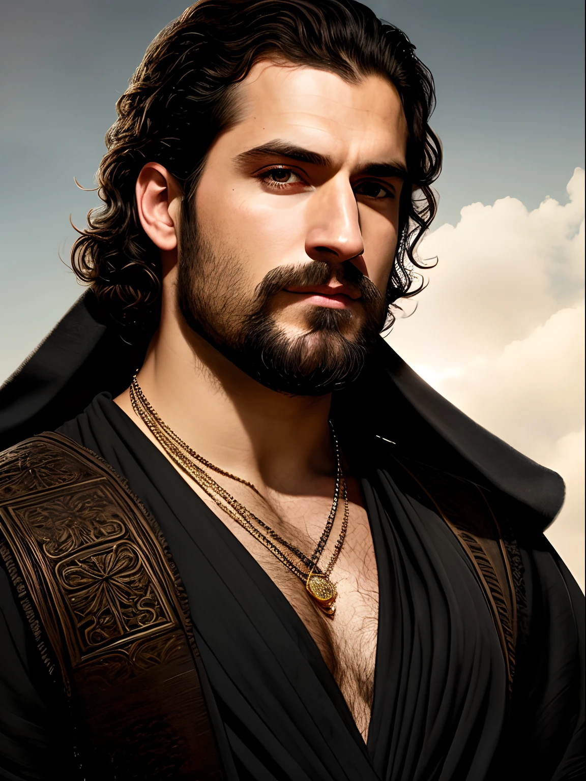 A close up of a insanely handsome attractive man with a thin beard and a black robe, a portrait by Roman Bezpalkiv, zbrush central contest winner, renaissance, heavenly handsome prince of persia, Henry Cavill as assyrian, handsome male, his head and neck covered in jewels, as a medieval fantasy character, arabian samurai, handsome man, portrait of bedouin d&d
