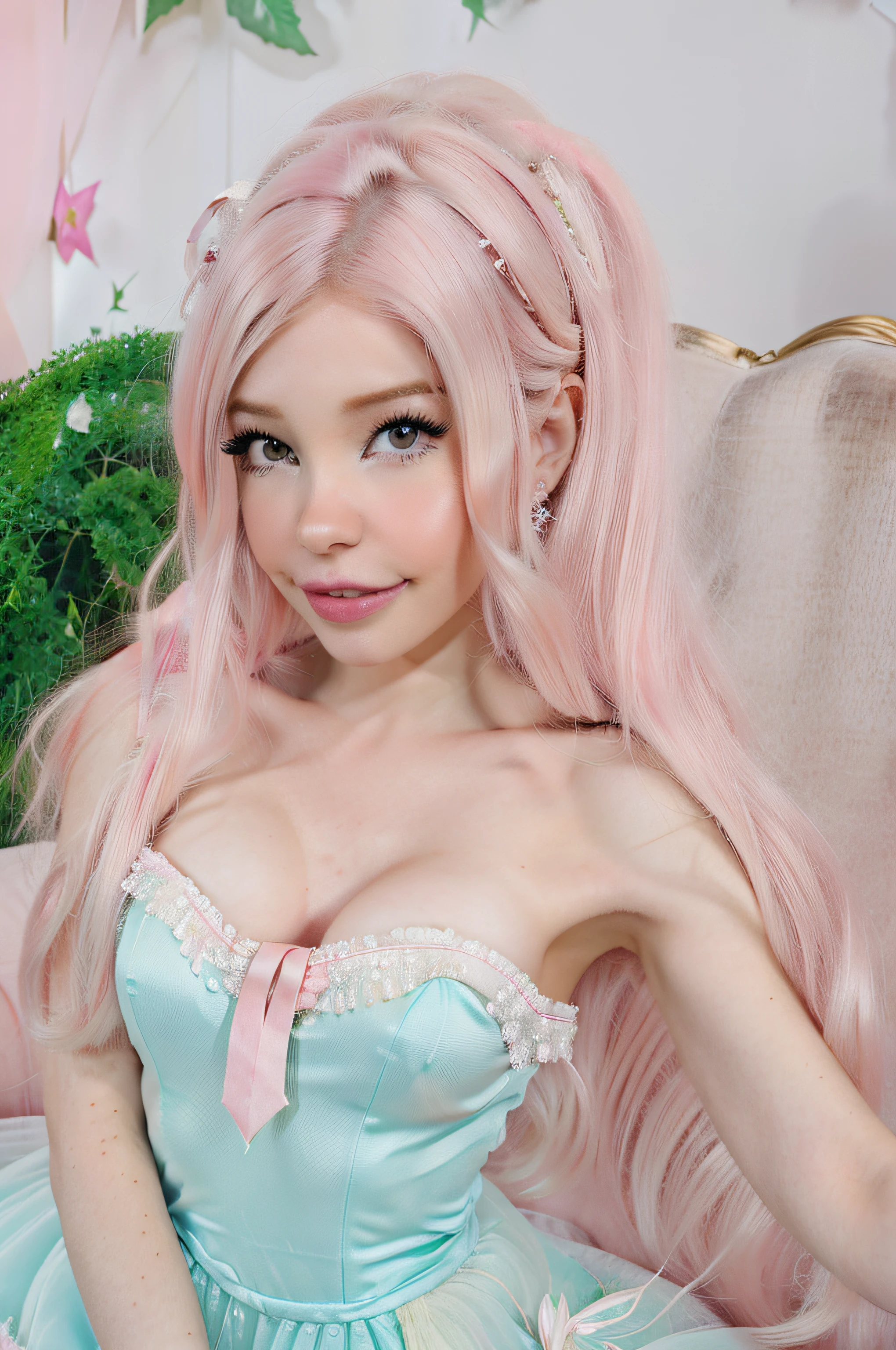 belle delphine vestida con un disfraz de tinker bell, piel blanca, ojos azules, cabello largo y rosa, hermosa sonrisa, ojos grandes, con una fiesta de disfraces de fondo