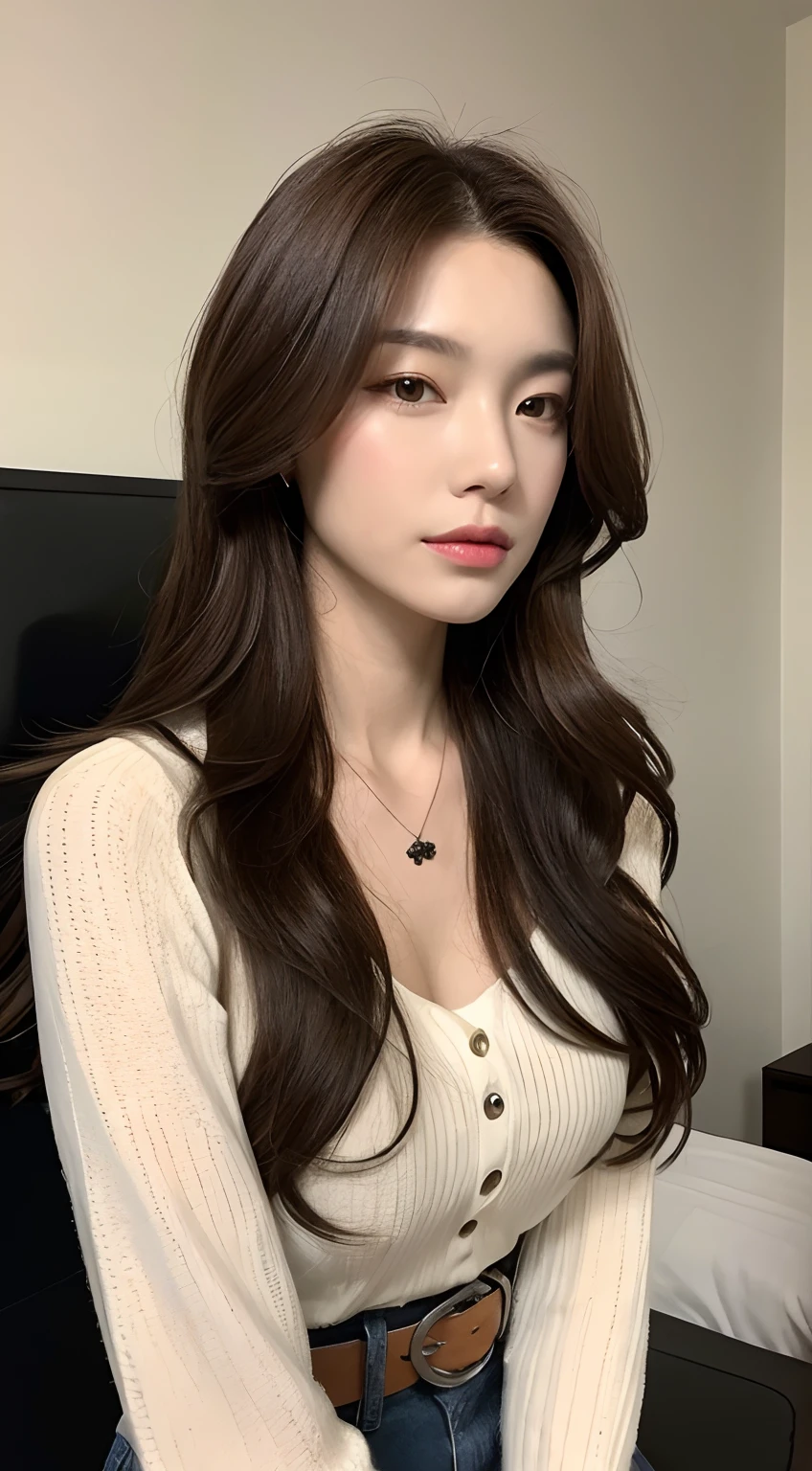 (Best quality, high resolution, masterpiece: 1.3), a tall and beautiful woman, slender abs, ((Dark Brown Hair In Loose Wavy Styling)) ((Long Brown Hair)) breasts, wearing a pendant, white buttoned shirt, belt, black Res Veigna, (background is an interior modern bed), face and skin texture in beautifully presented details, detailed eyes, double eyelids, sitting on chair