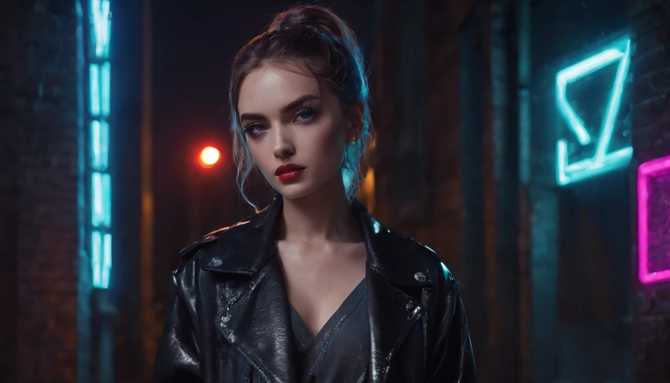 Portrait of a beautiful girl in a city alley at night, rainy night, beautiful eyes, foggy night lights, dramatic lights, neon lights, hardwave aesthetic, cold lights, dark cyberpunk aesthetic, extremely beautiful woman.