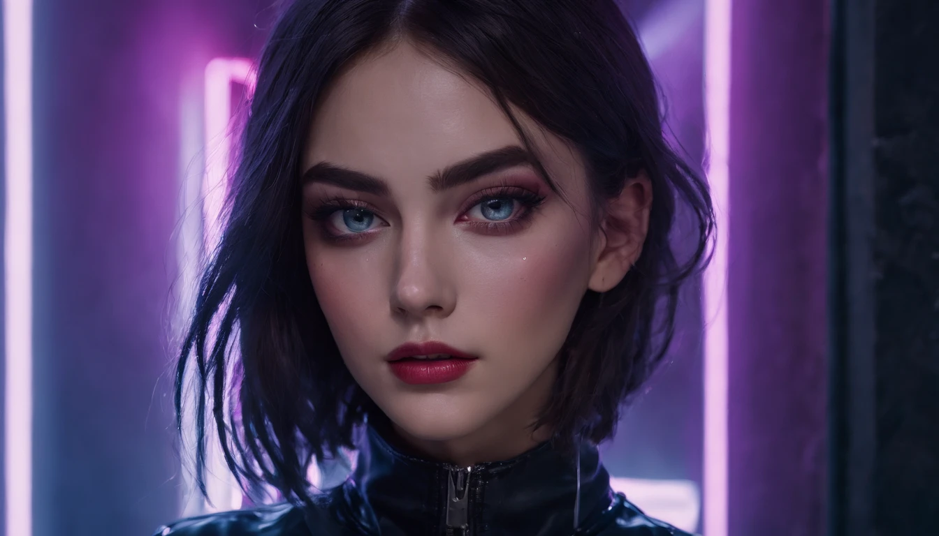 Portrait of a beautiful girl in a city alley at night, rainy night, beautiful eyes, foggy night lights, dramatic lights, neon lights, hardwave aesthetic, cold lights, dark cyberpunk aesthetic, extremely beautiful woman.