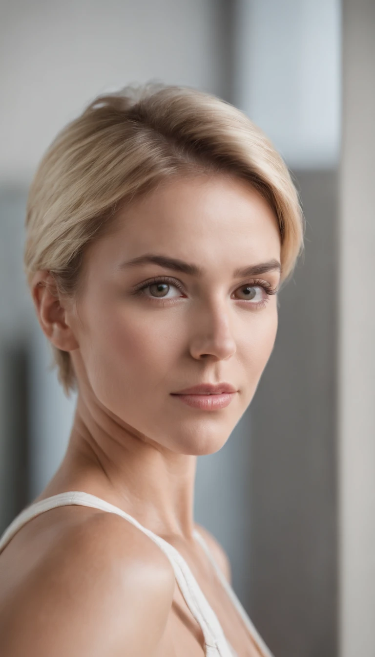 Australian woman, With precise features, very fit, muscular, Strong Jawline,Short hair, Blonde hair, dynamic angled shot, neck zoomed in, Side view profile center, Wide-angle high-angle view, Wearing workout clothes