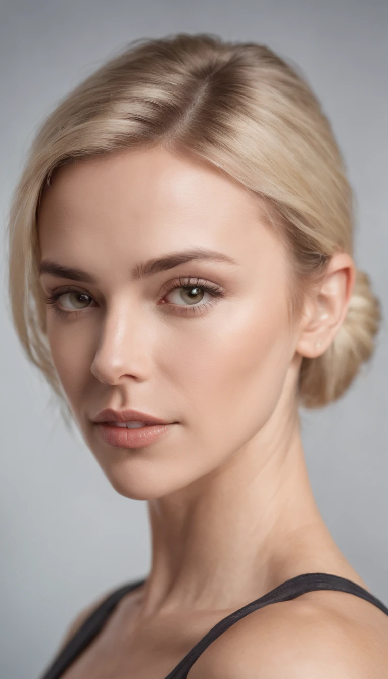 Australian woman, With precise features, very fit, muscular, Strong Jawline,Short hair, Blonde hair, dynamic angled shot, neck zoomed in, Side view profile center, Wide-angle high-angle view, Wearing workout clothes