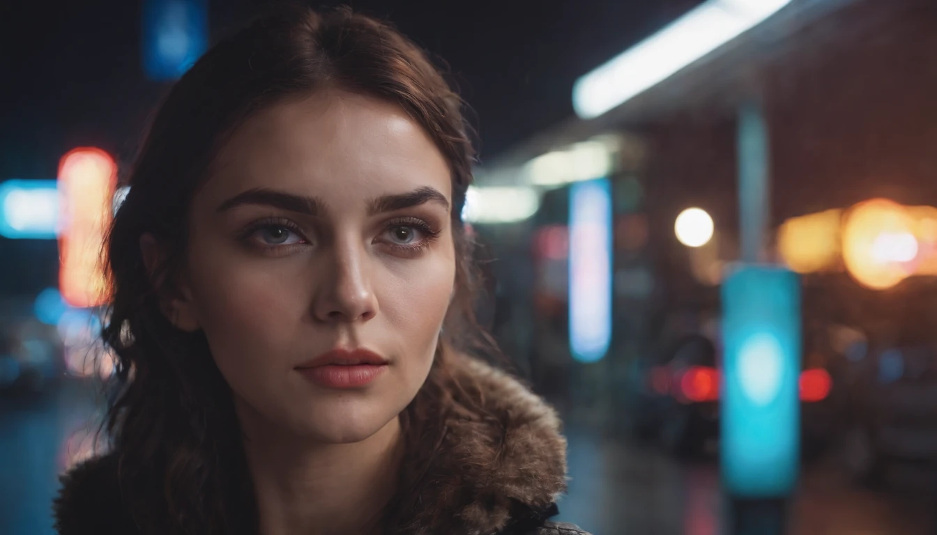 Portrait of a beautiful girl in gas station at night, rainy night, beautiful eyes, foggy night lights, dramatic lights, neon lights, hardwave aesthetic, cold lights, dark cyberpunk aesthetic, extremely beautiful woman.