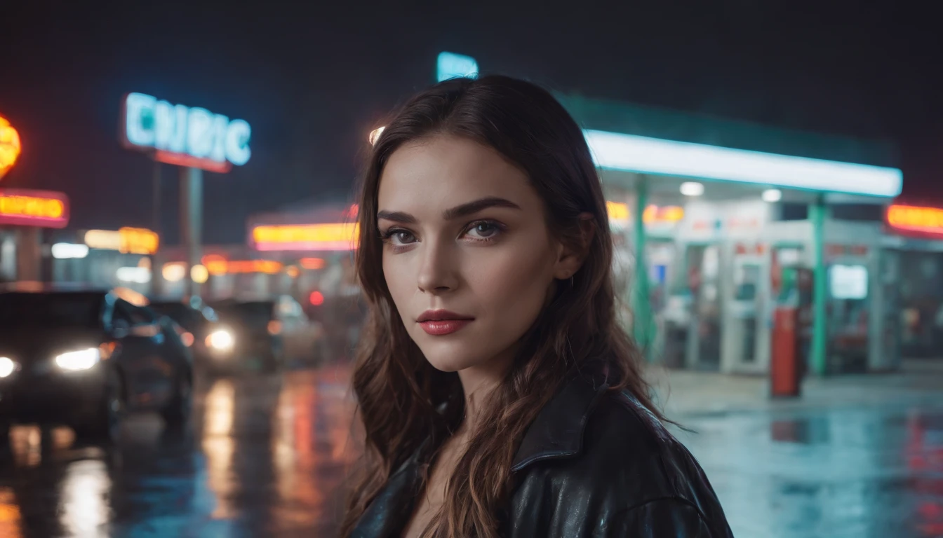 Portrait of a beautiful girl in gas station at night, rainy night, beautiful eyes, foggy night lights, dramatic lights, neon lights, hardwave aesthetic, cold lights, dark cyberpunk aesthetic, extremely beautiful woman.